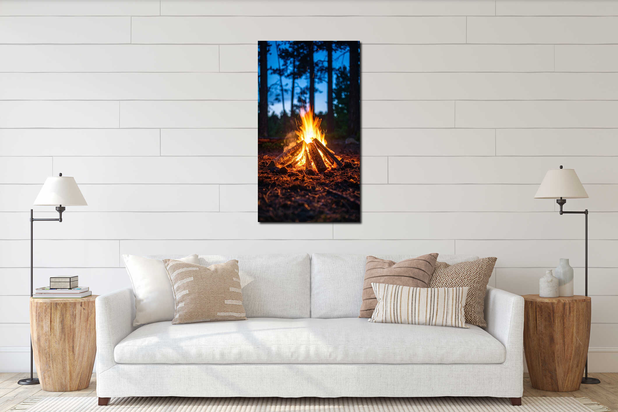 Glowing campfire burns in a dark forest during twilight with sparks rising upwards interior mockup