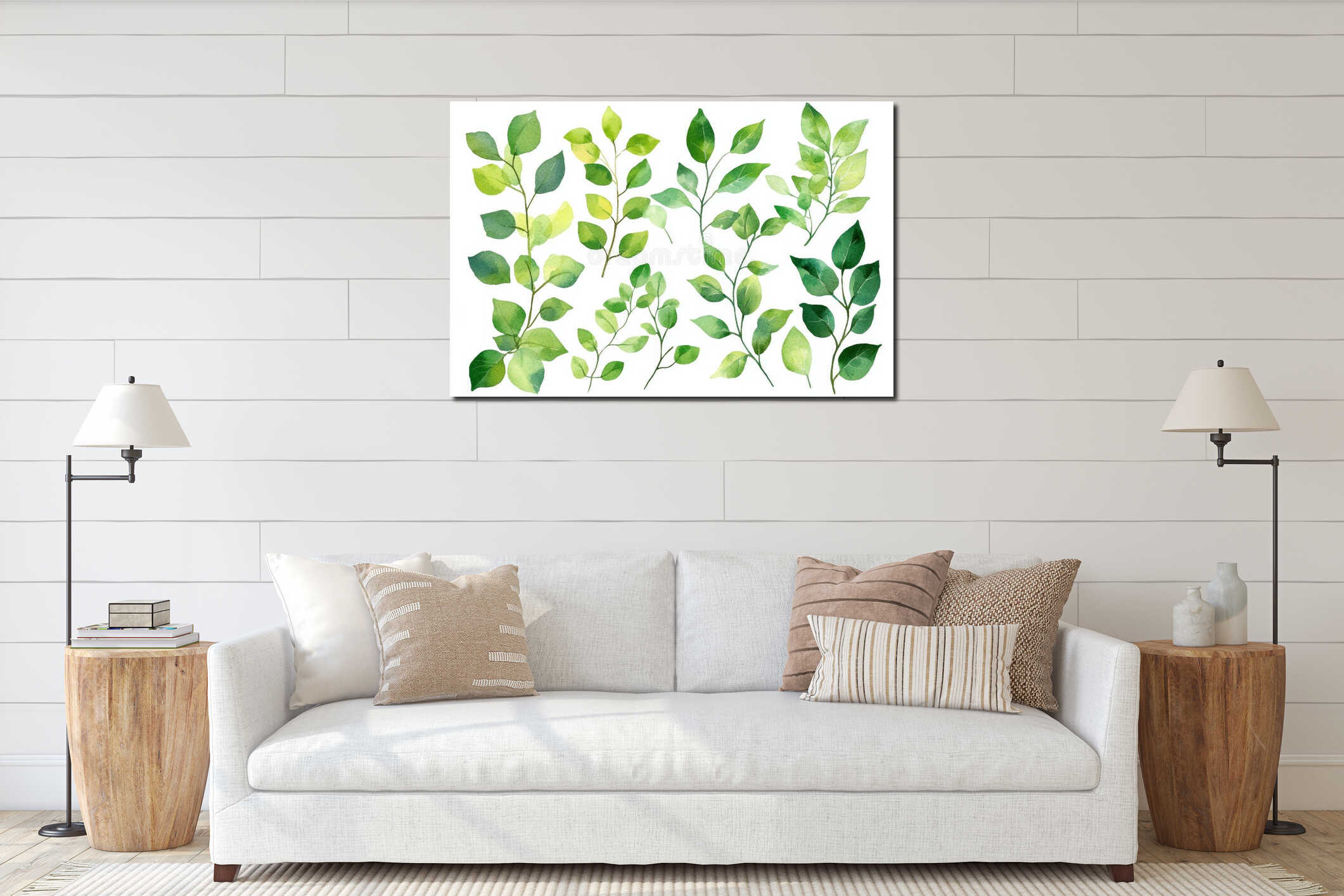 Botanical greenery set with watercolor leaf collection and eucalyptus branches, available as natural hand painted decoration interior mockup