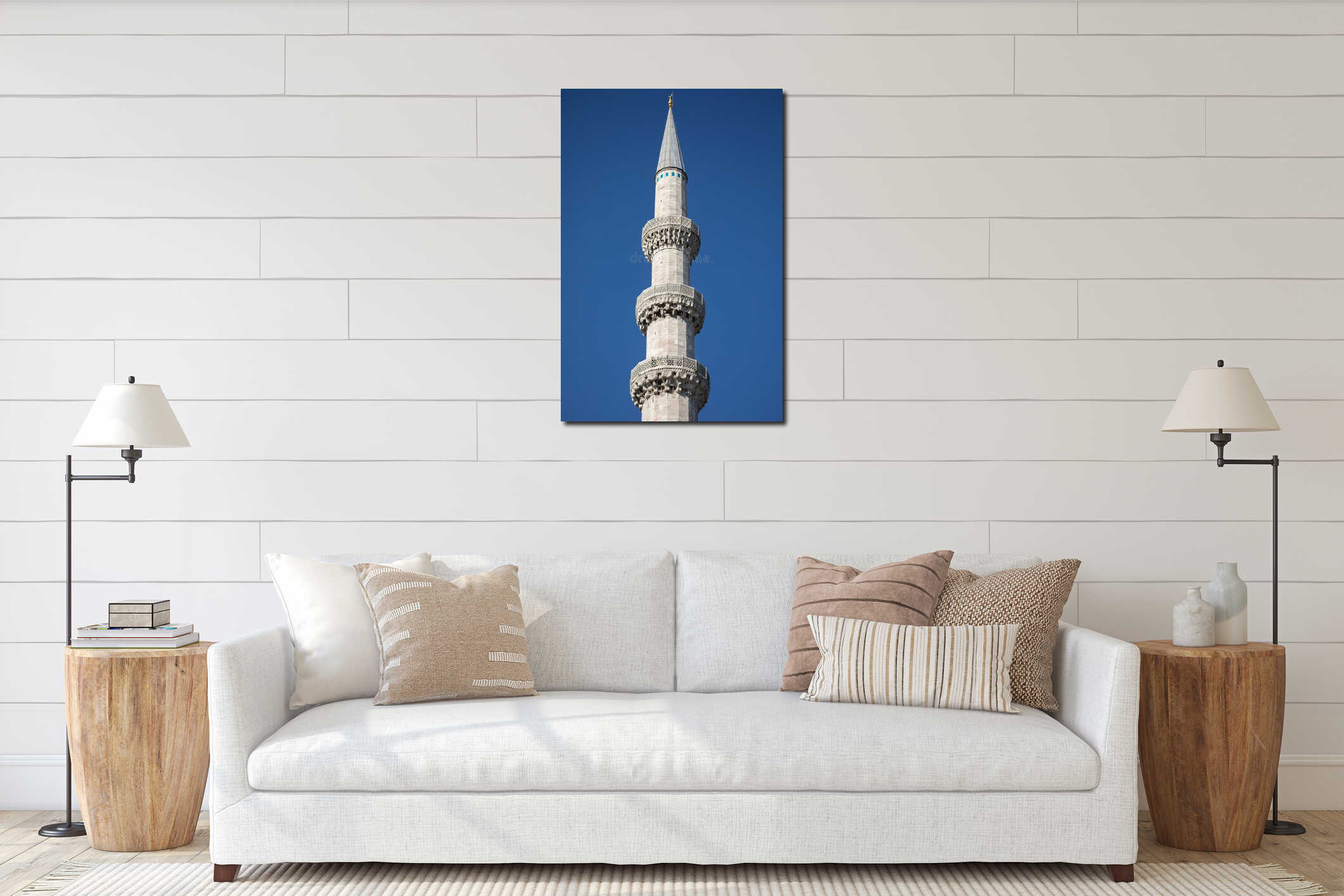 Historic Suleymaniye Mosque minaret rises against a clear blue sky interior mockup