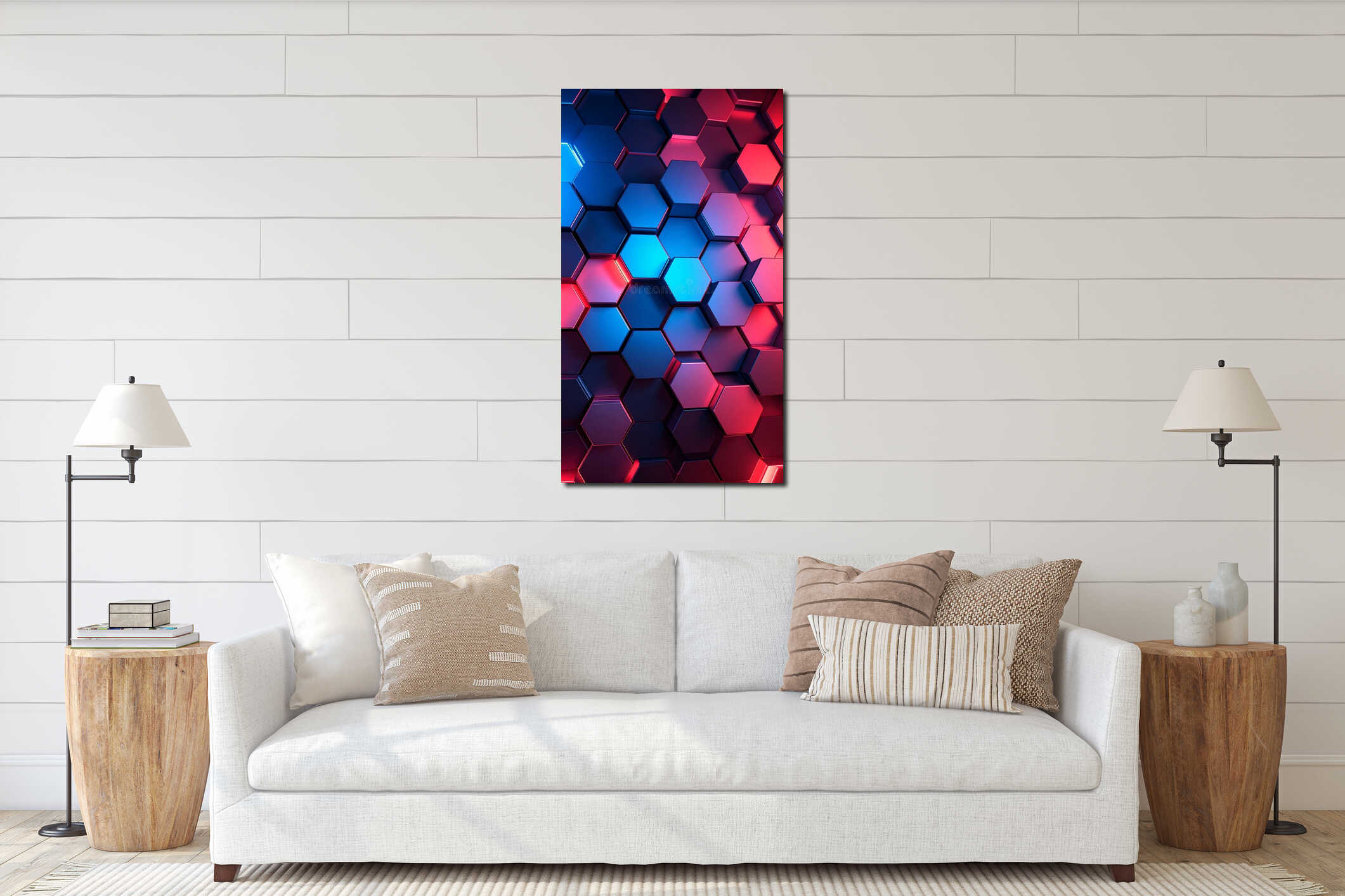 Abstract Geometric Hexagon Pattern Textured Red Blue Neon Light interior mockup
