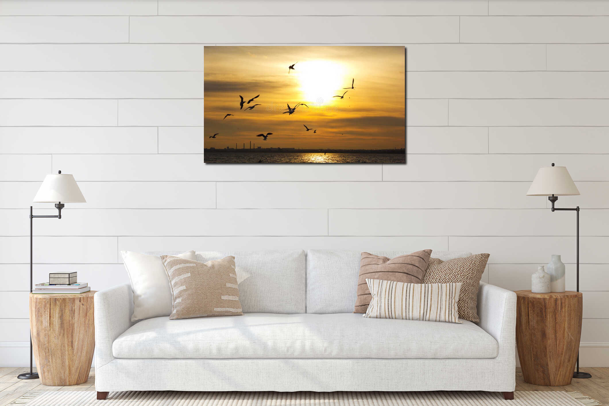 Sunset. Birds silhouettes and sun interior mockup