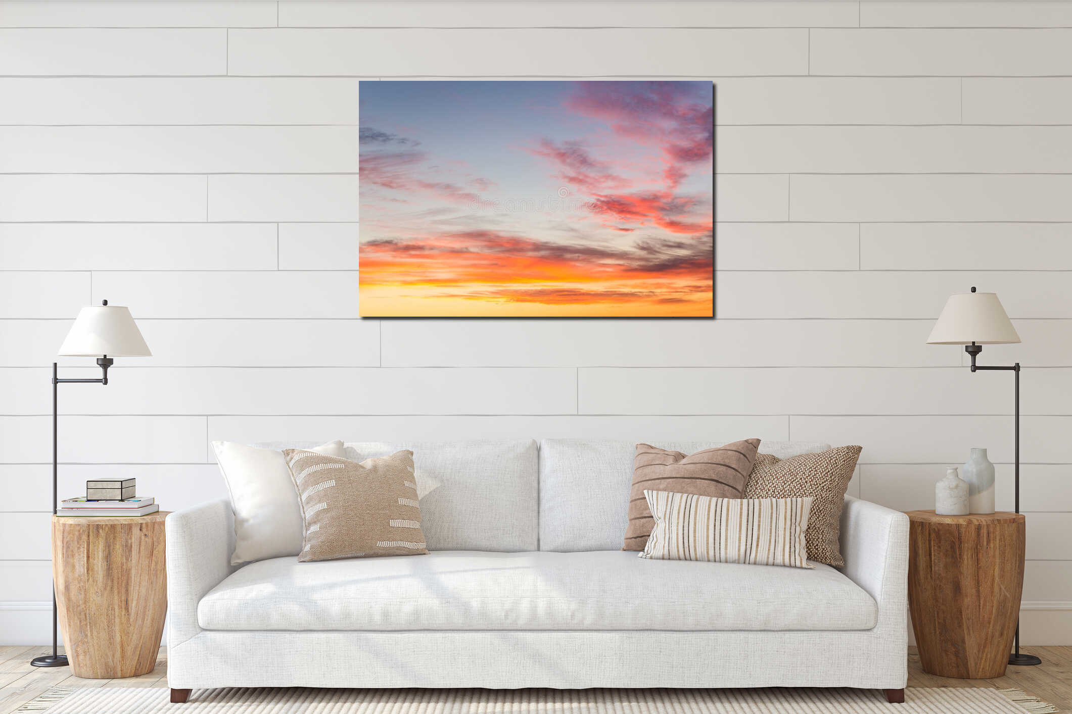 Dramatic sunset sky. interior mockup