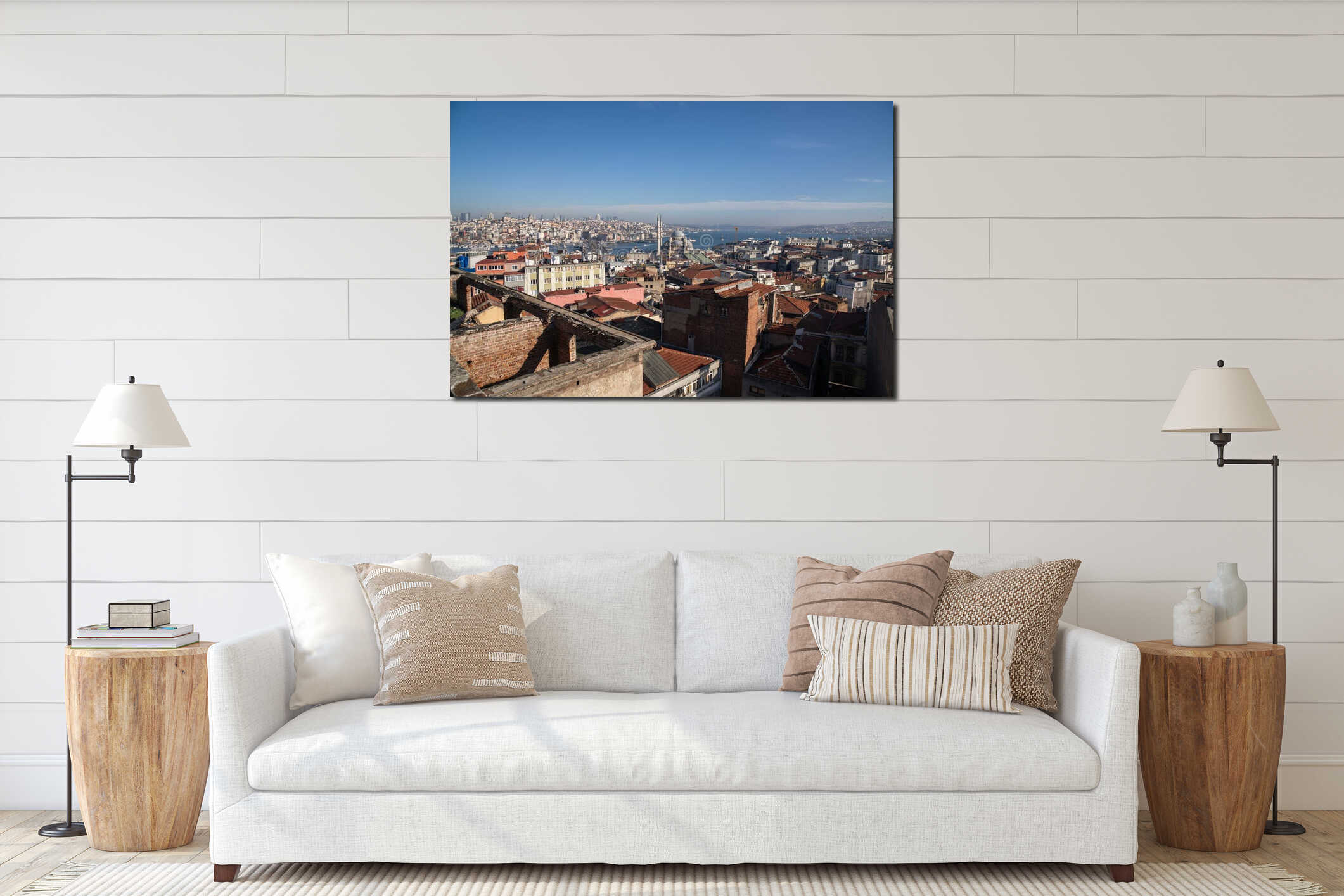 Istanbul Skyline Panoramic View Turkey: Historic rooftops overlooking Bosphorus, showcasing cityscape's beauty. interior mockup