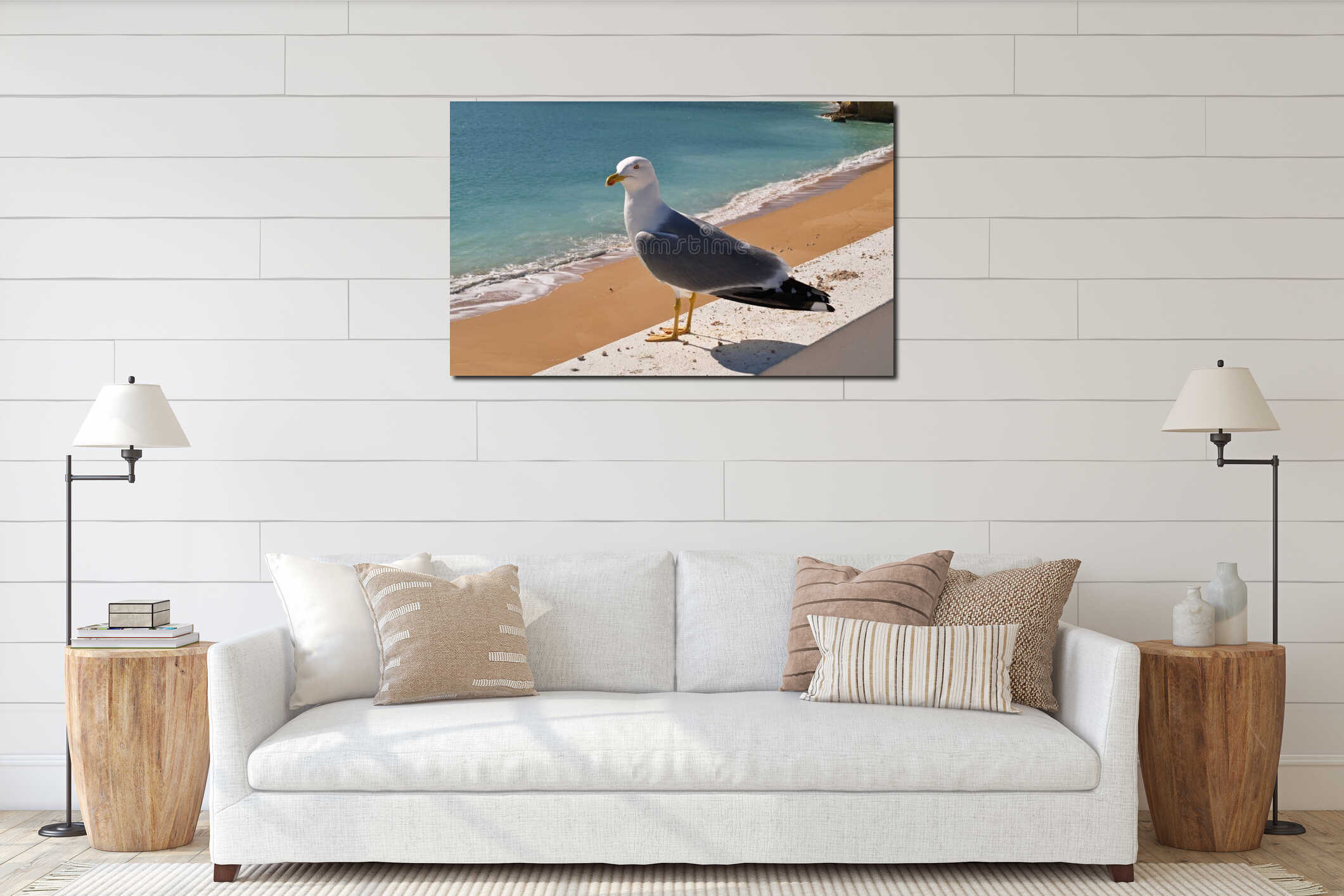 Seagull standing on a wall overlooking a sandy beach and ocean interior mockup