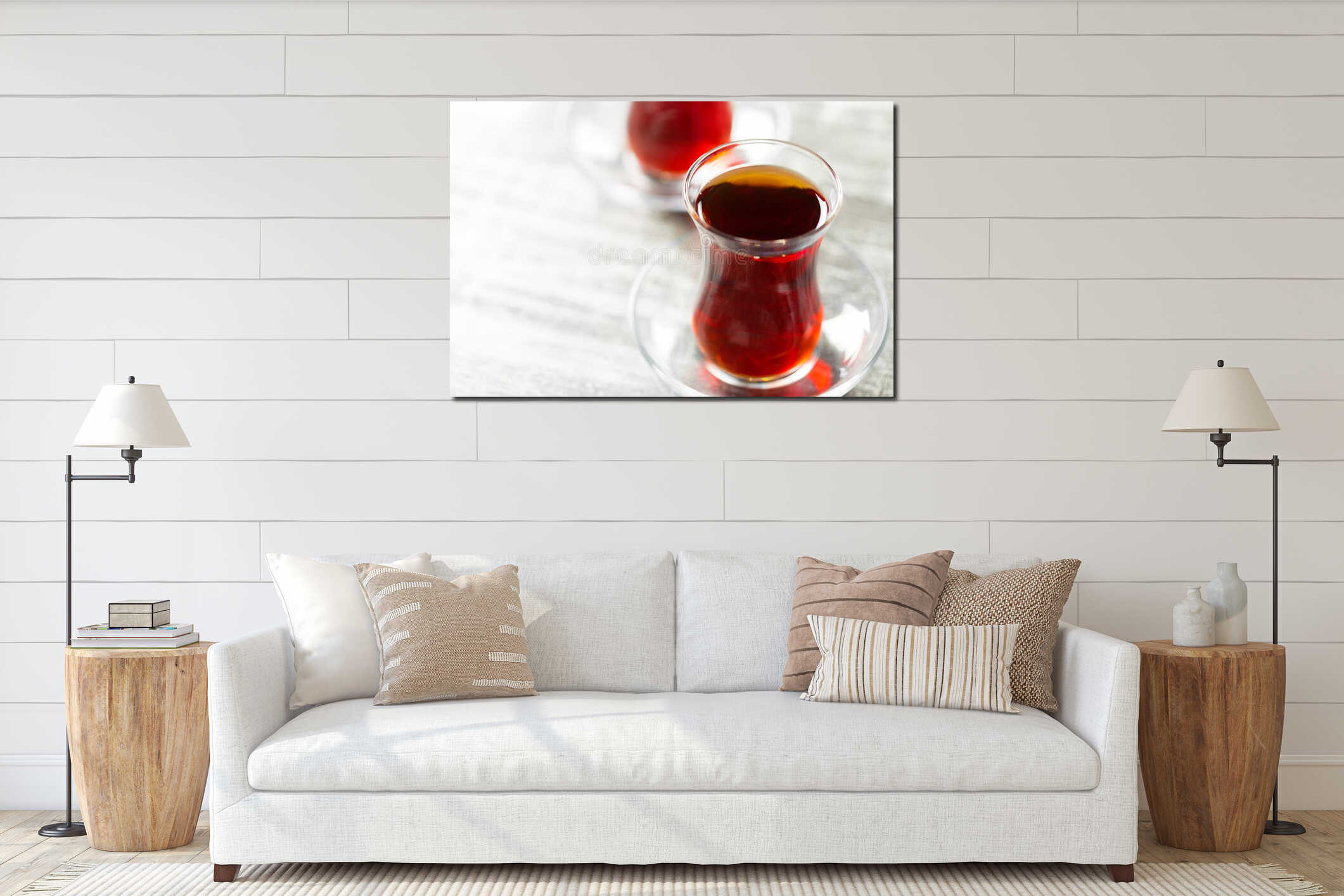 Enjoying traditional tea served in a glass on a clear saucer during afternoon tea time interior mockup
