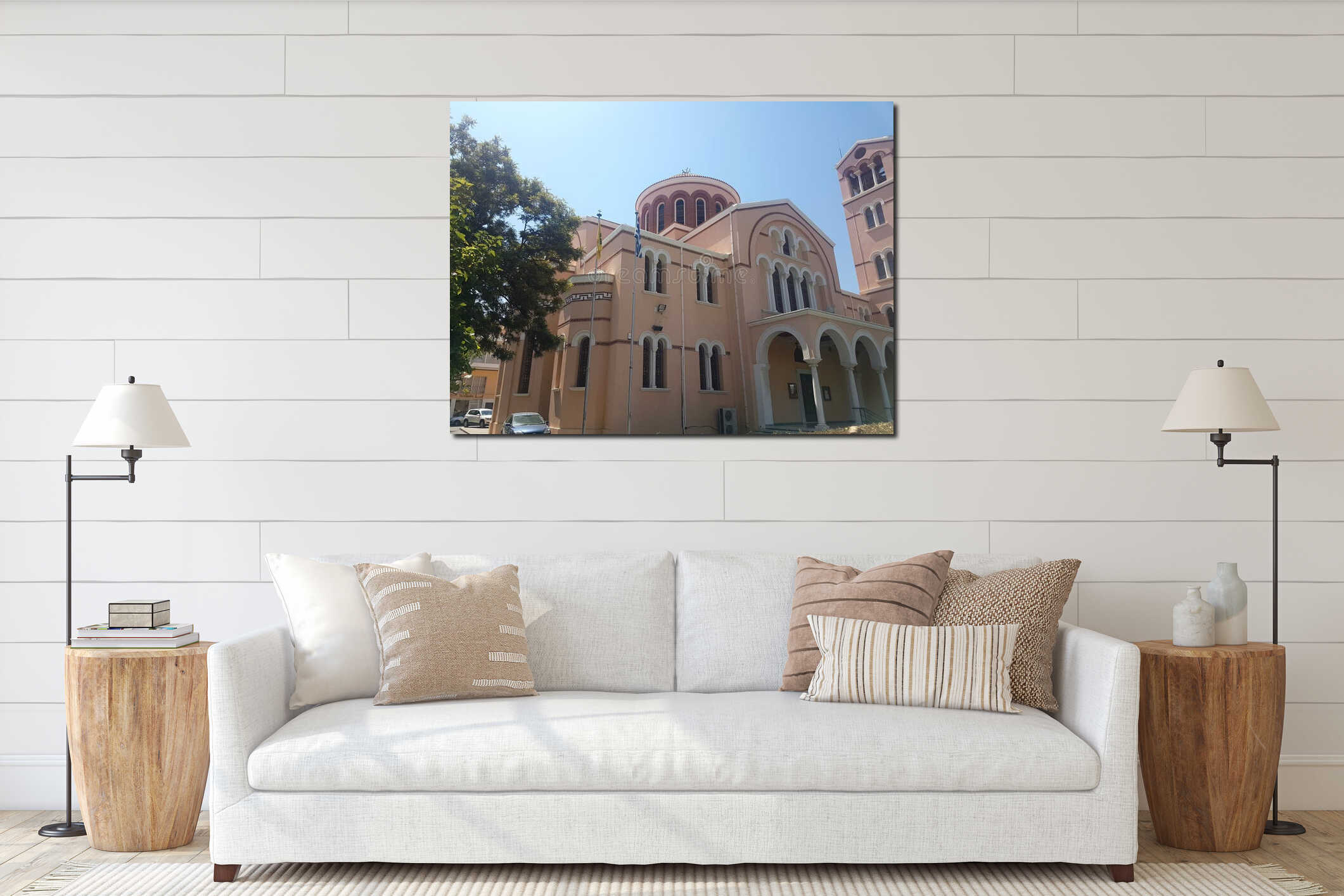 Beautiful Greek Orthodox church with arched windows and domed roof under clear blue sky interior mockup