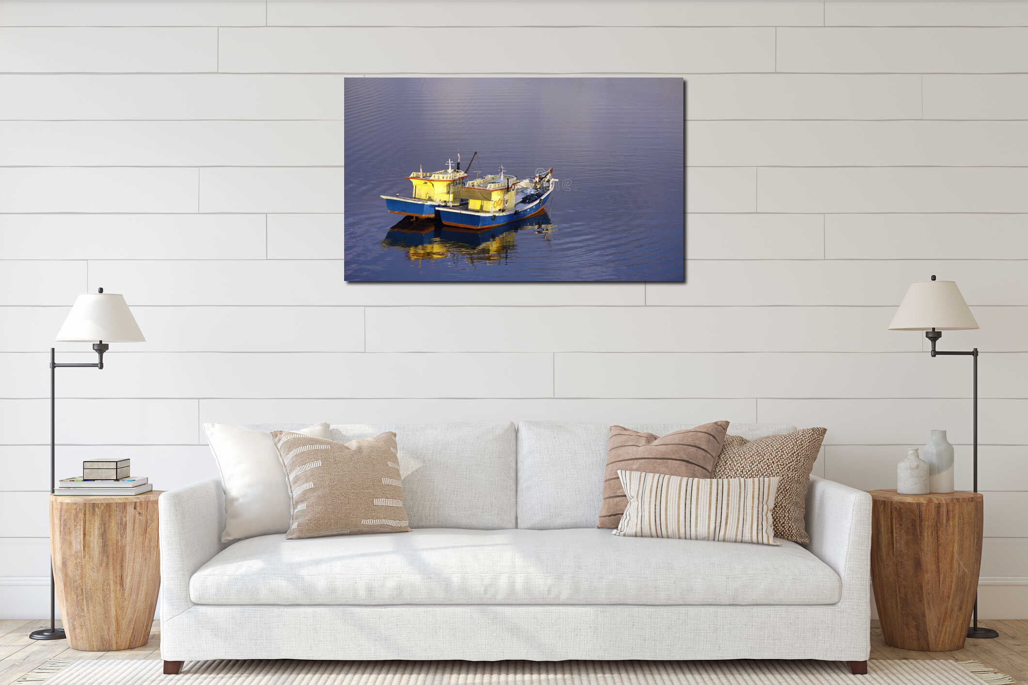 Two fishing boats floating on rippling water interior mockup