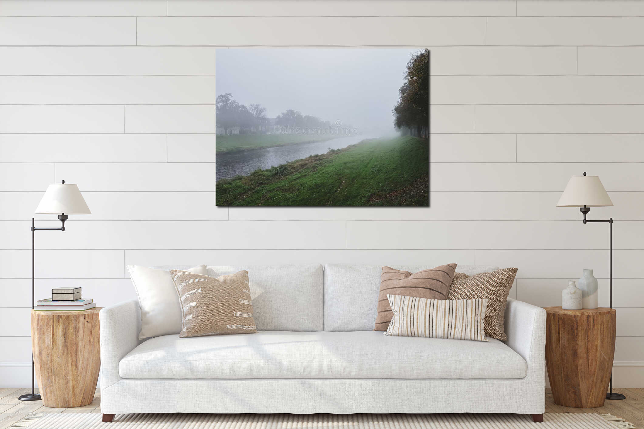 Foggy day with a river running through a grassy area interior mockup