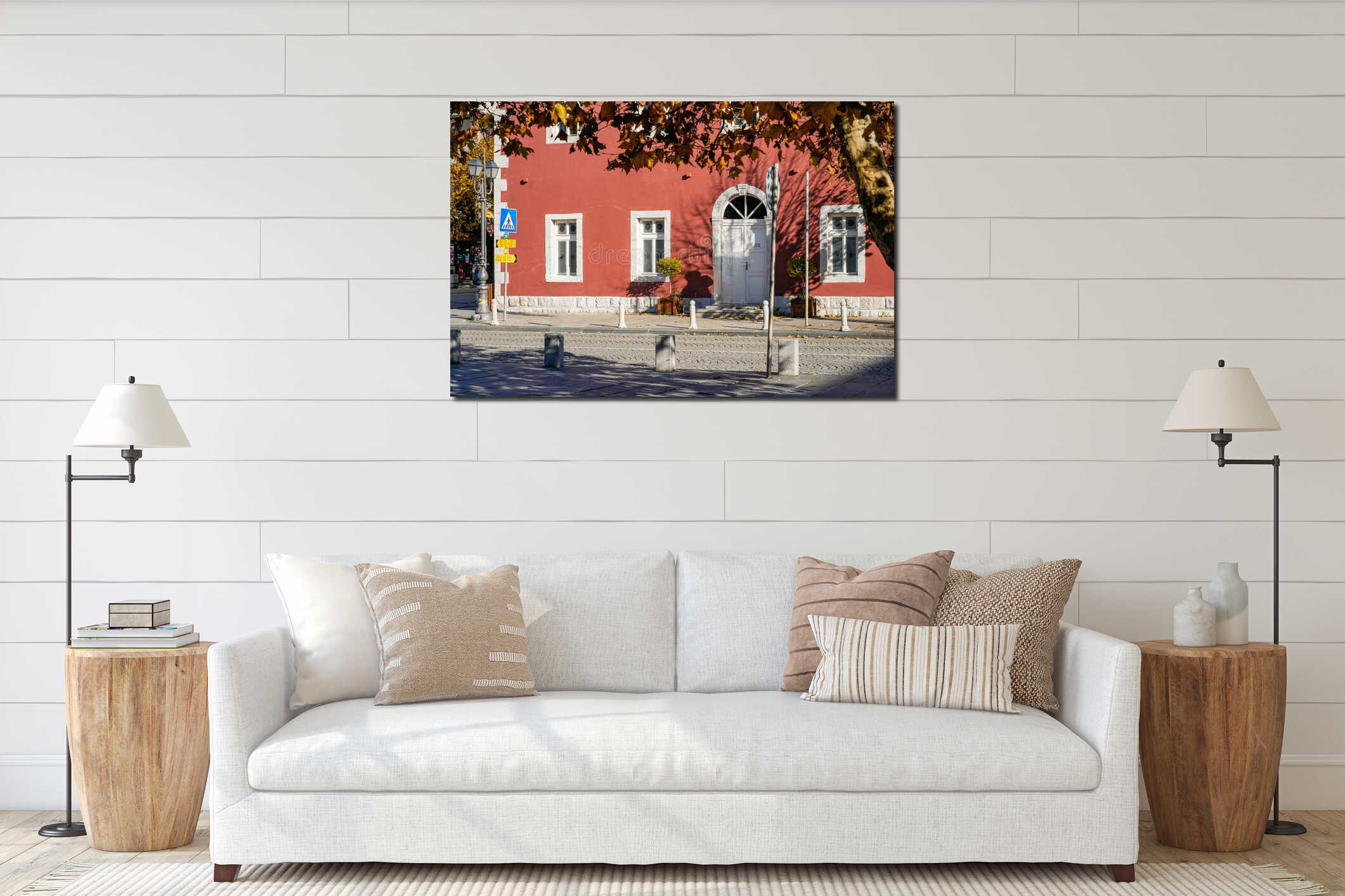 Building with arched door, autumn leaves on trees, central Kolasin, Montenegro, 28 October 2025 interior mockup