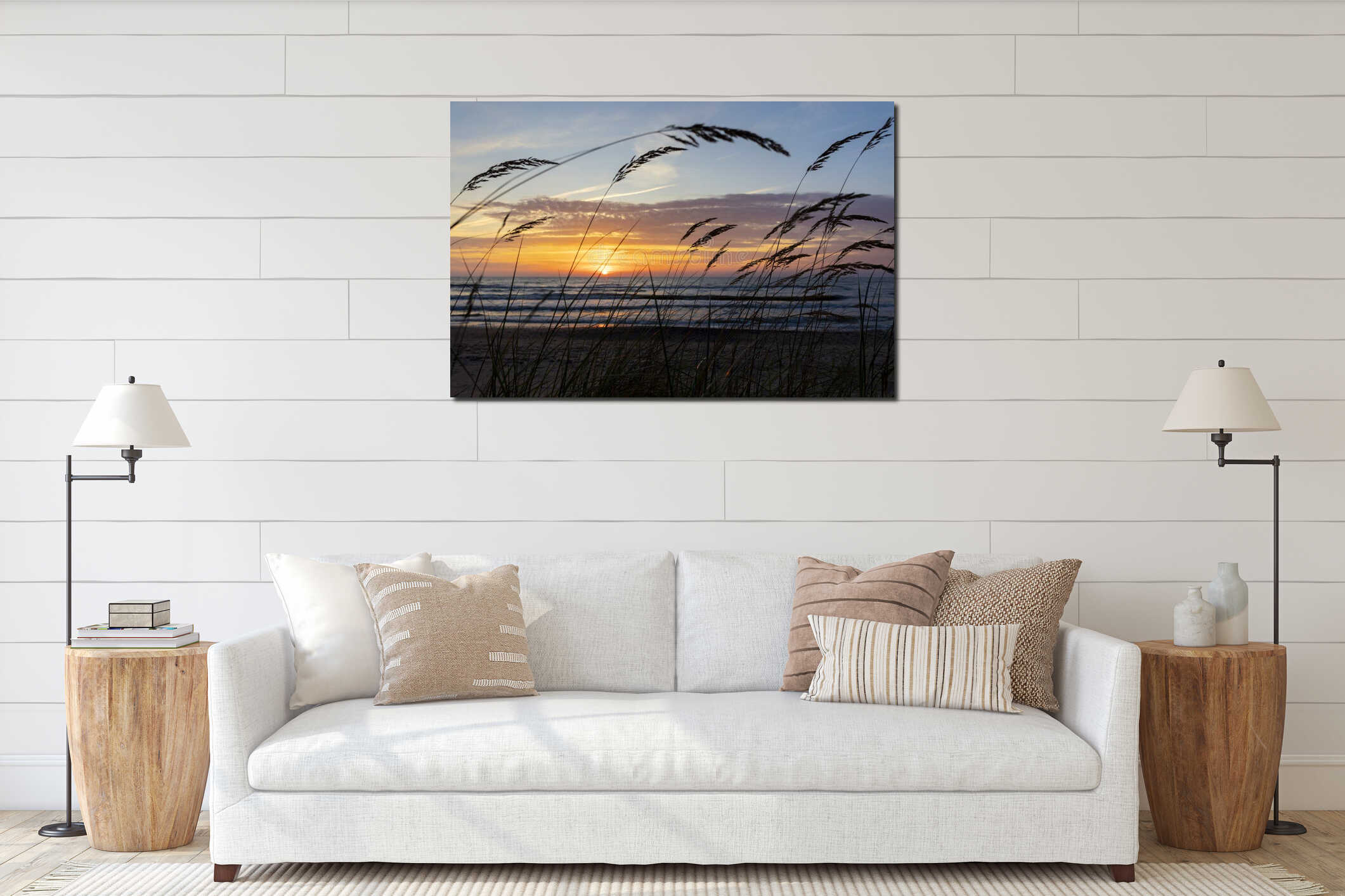 An artistic sunset scenery with sun flares at the beach of Baltic Sea. interior mockup