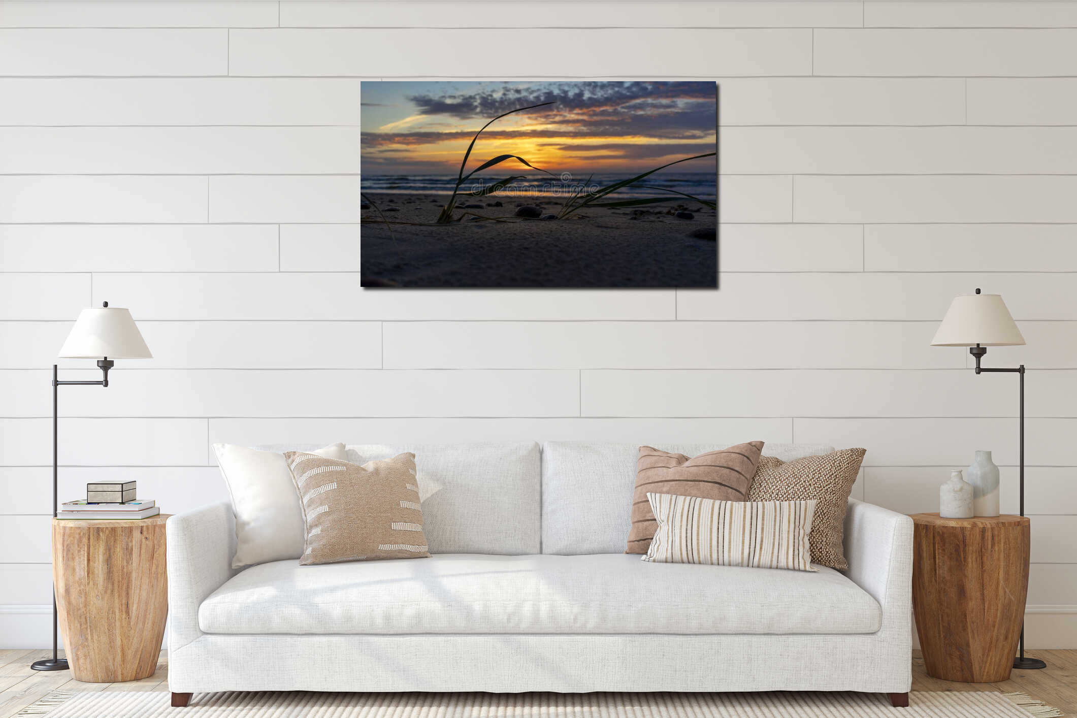 An artistic sunset scenery with sun flares at the beach of Baltic Sea. interior mockup