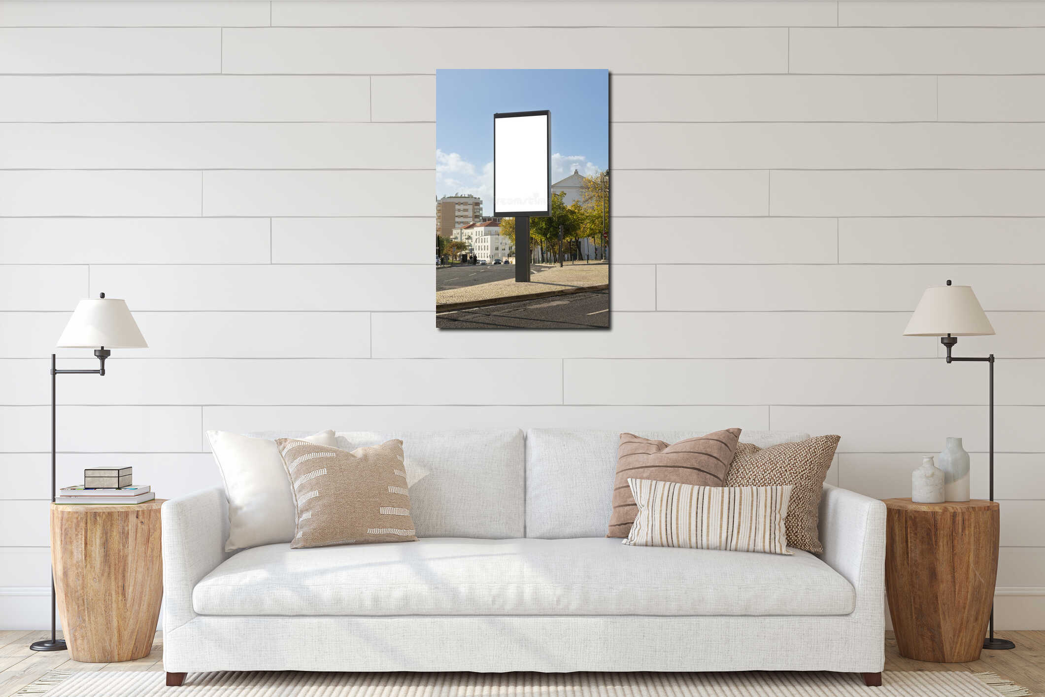 Daytime view of a blank vertical billboard on a quiet city street interior mockup