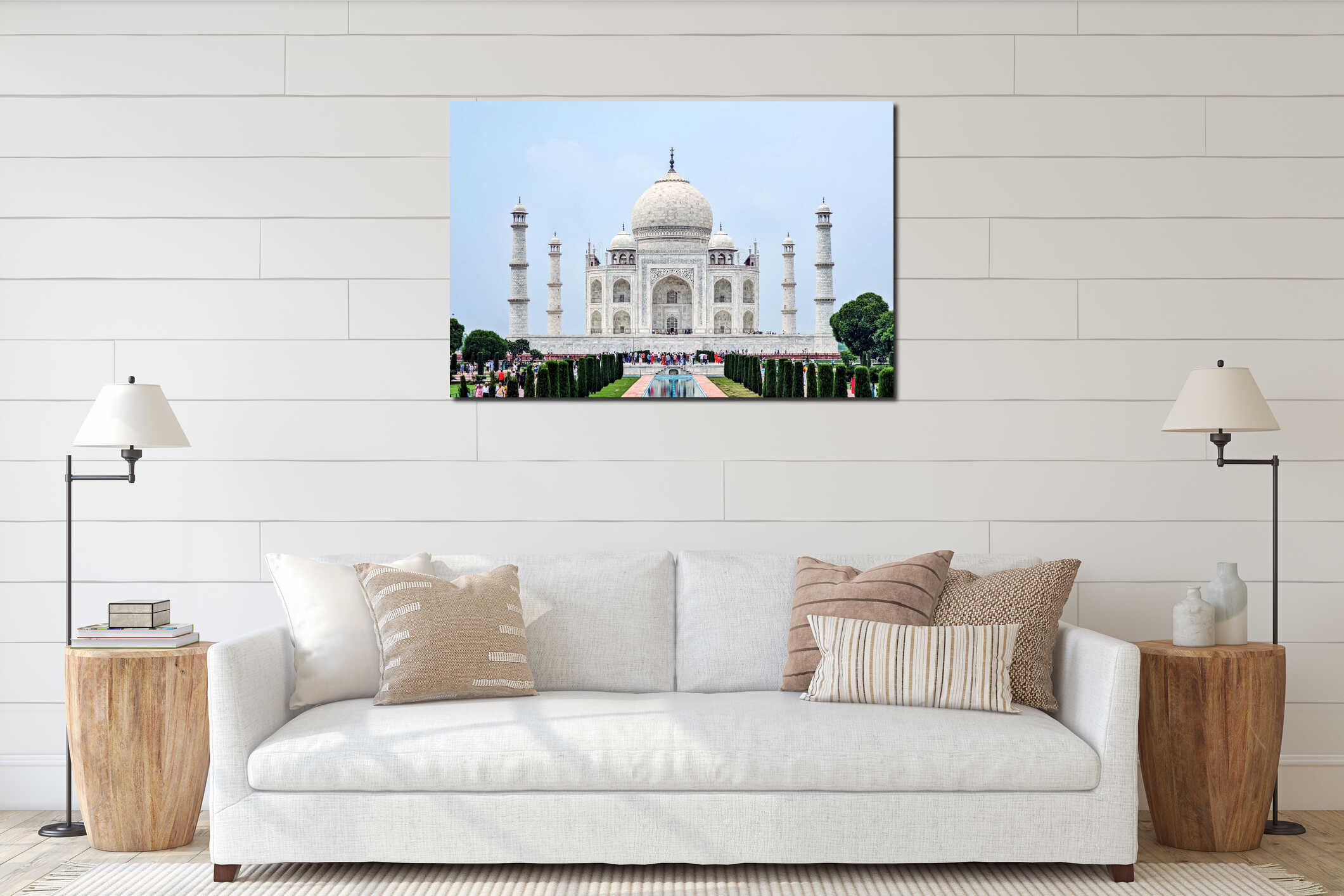 Taj Mahal Tourists At The White Marble Mausoleum In Agra With Gardens And Reflecting Pool interior mockup