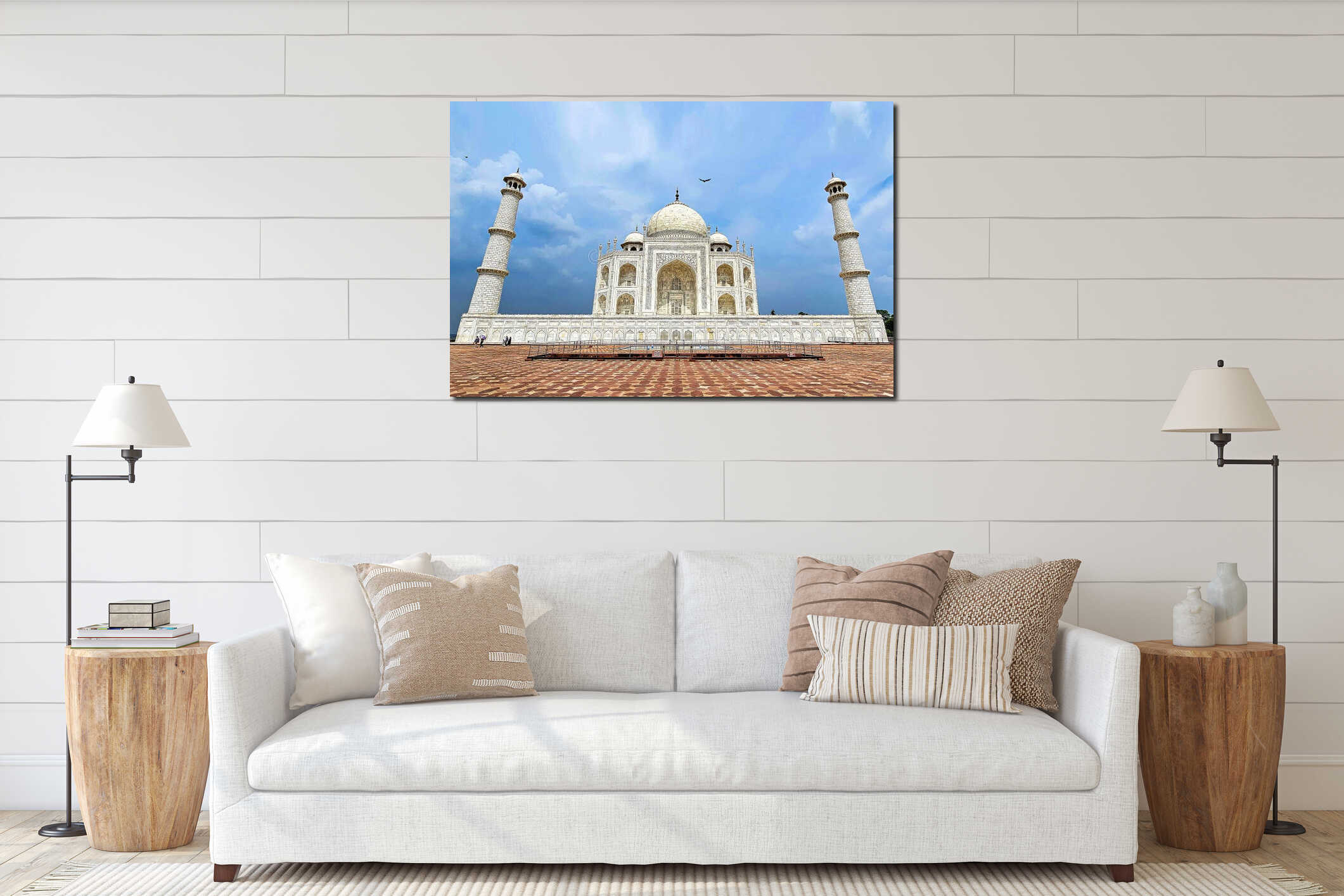 Taj Mahal White Marble Mausoleum With Central Dome And Twin Minarets Under Blue Sky interior mockup