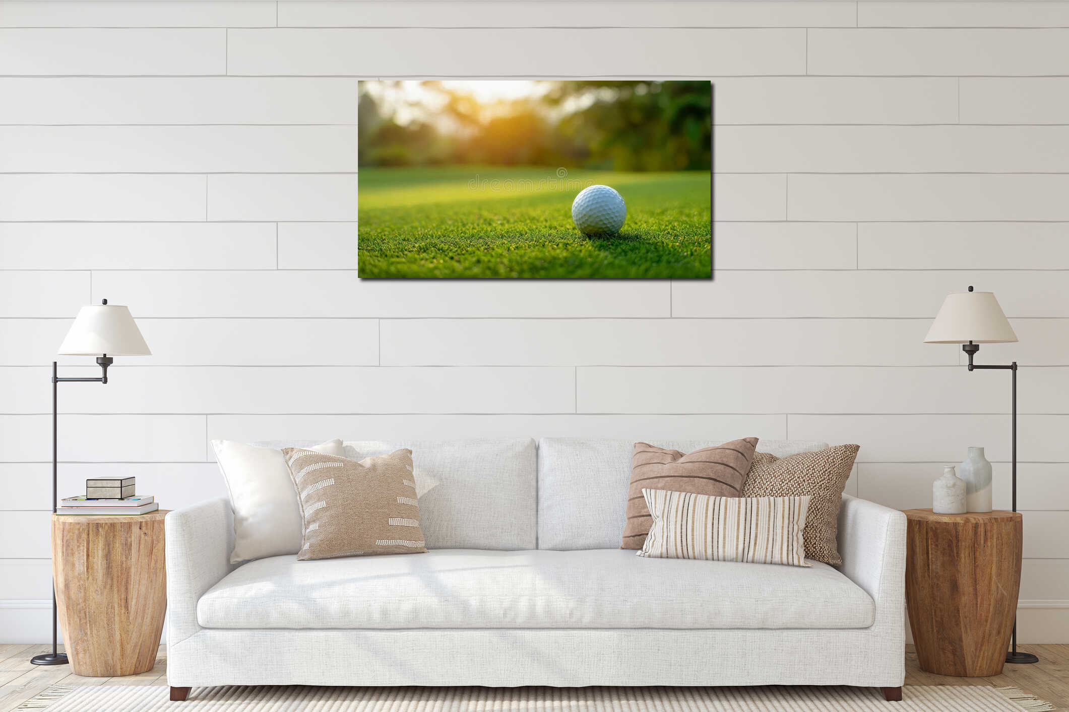 Golf ball lies on a fresh green fairway at golden sunset, calm outdoor sports scene interior mockup