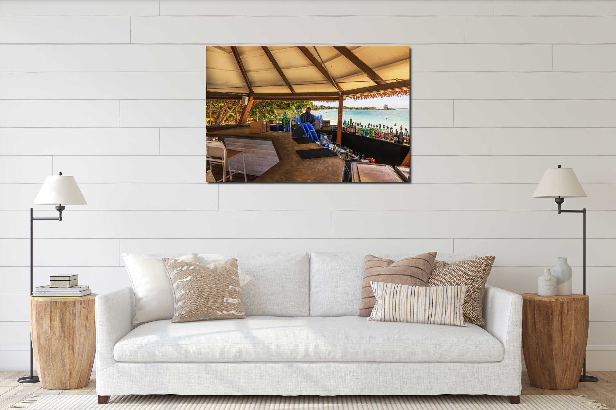 Beautiful view of tropical beach bar with bartender preparing drinks near turquoise Caribbean Sea on background. interior mockup