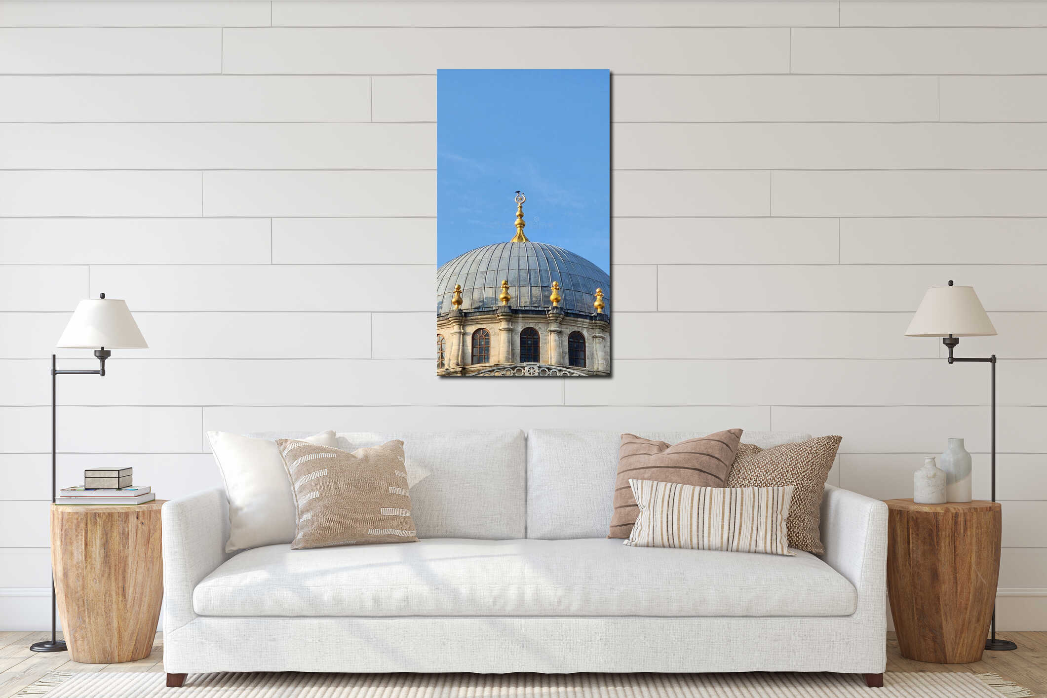 Golden dome finial with crescent moon against blue sky. Islamic architecture, historic mosque detail, Istanbul. interior mockup