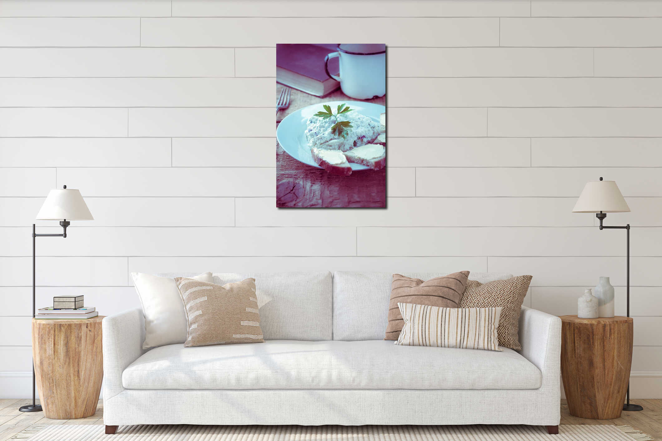 Cottage cheese bread cup fresh milk vintage interior mockup