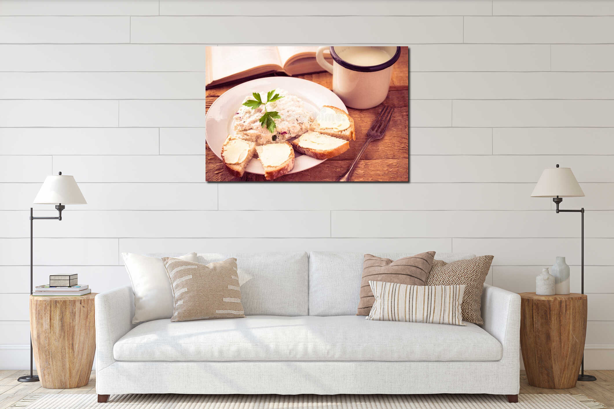 Cottage cheese bread cup fresh milk vintage interior mockup