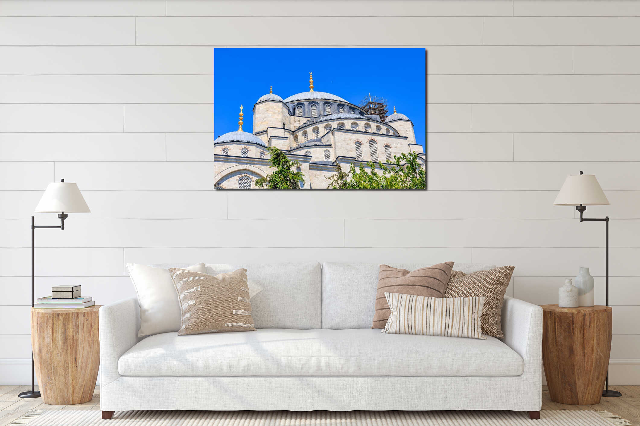 Majestic ottoman architecture: blue sky backdrop of suleymaniye mosque domes and minarets interior mockup