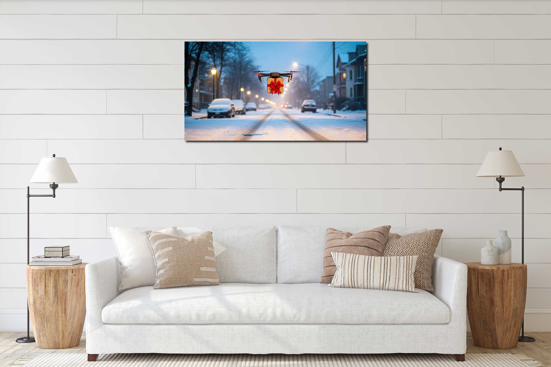Hovering drone delivering christmas gift box with red ribbon above evening winter city street. Holiday season and technology interior mockup