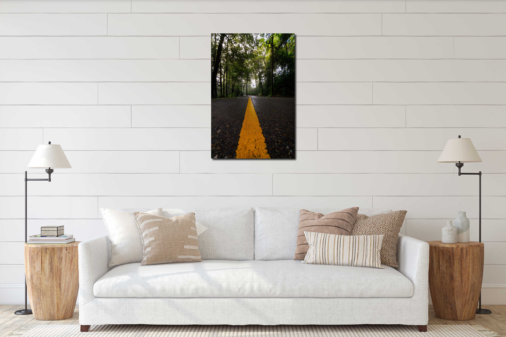 Misty Forest Road With Bright Yellow Centerline Receding Into Dense interior mockup