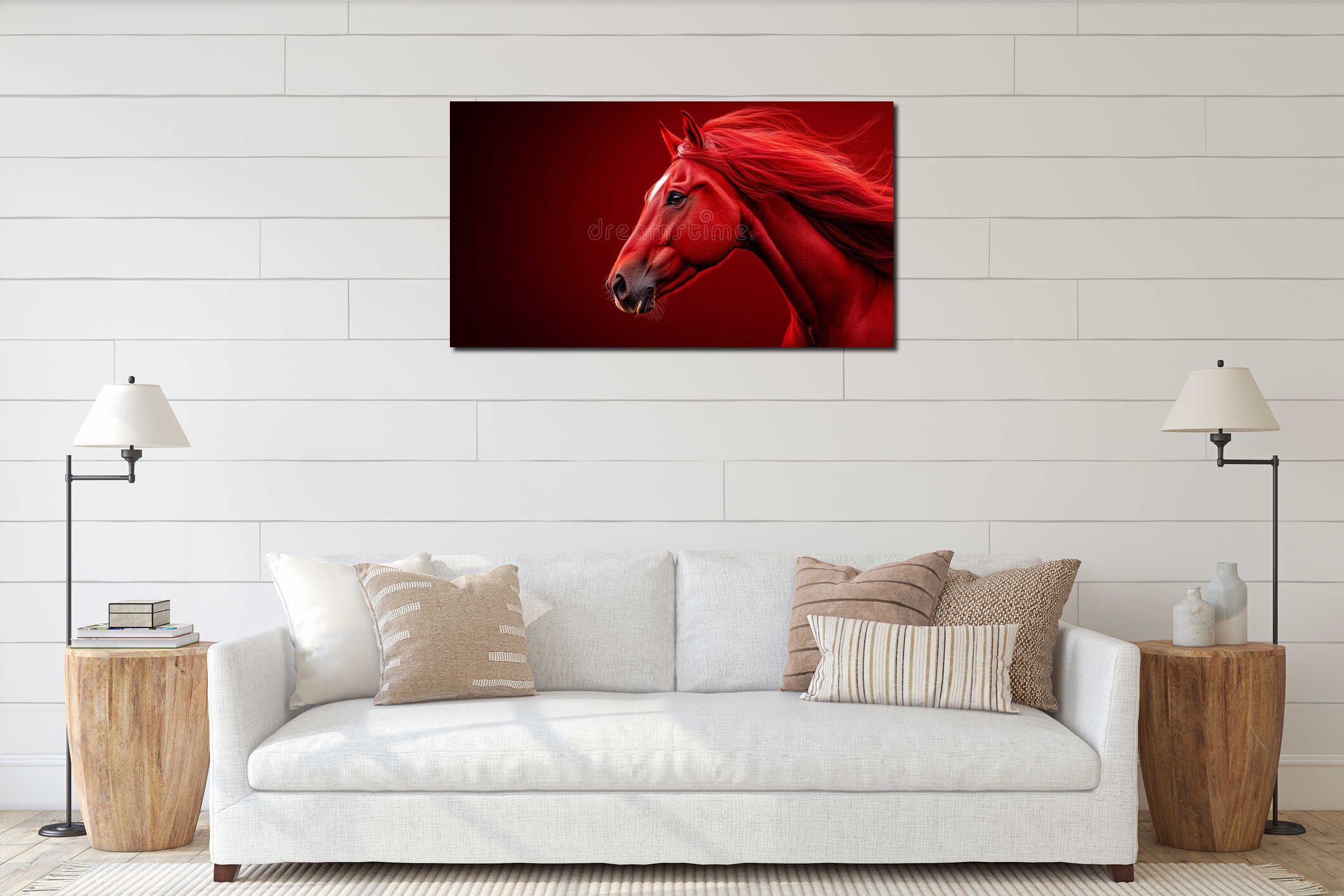 Majestic Red Horse With Flowing Mane Against a Rich Crimson Background interior mockup