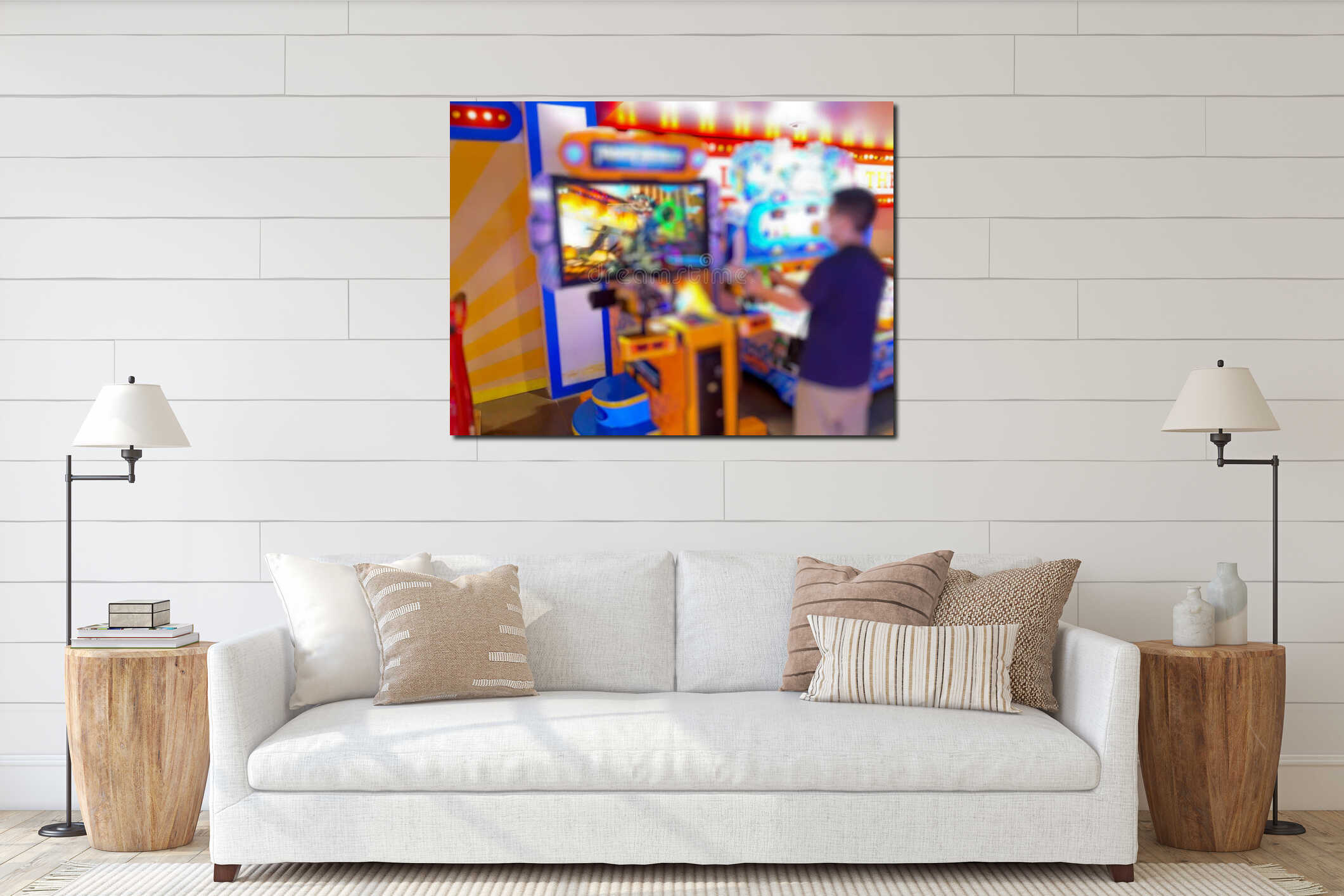 Blurred Background of Boy Playing Video Game at Arcade Center interior mockup