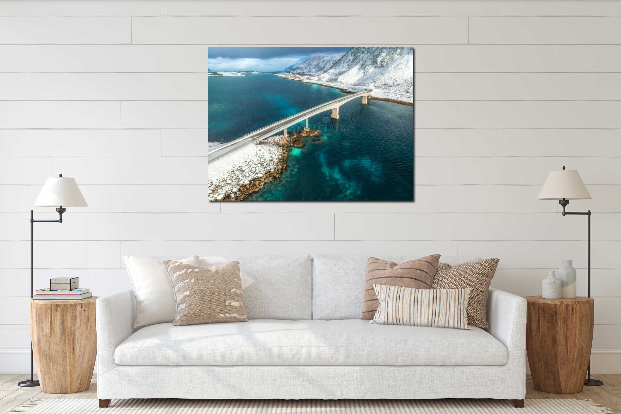 Aerial view of a bridge over turquoise sea in Lofoten Islands interior mockup