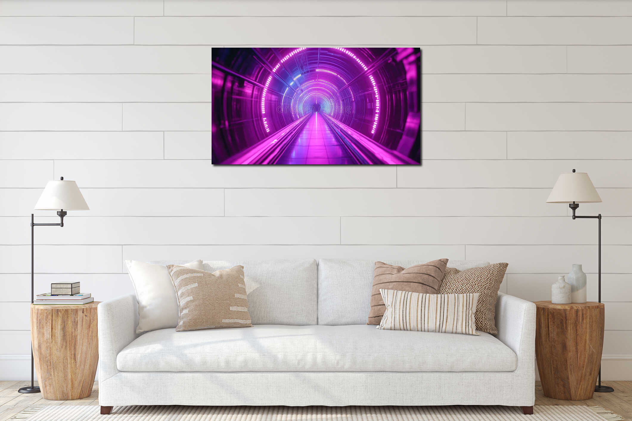 Futuristic purple tunnel with neon light glowing interior mockup