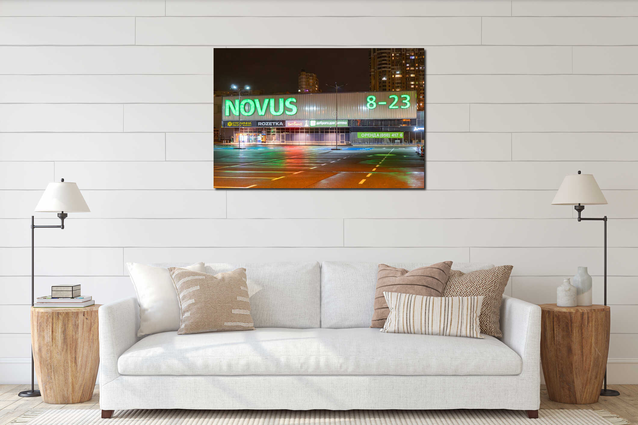 Modern supermarket, Novus, at night with illuminated neon sign green, blue Additional restaurant sign Rosetca Street scene from interior mockup