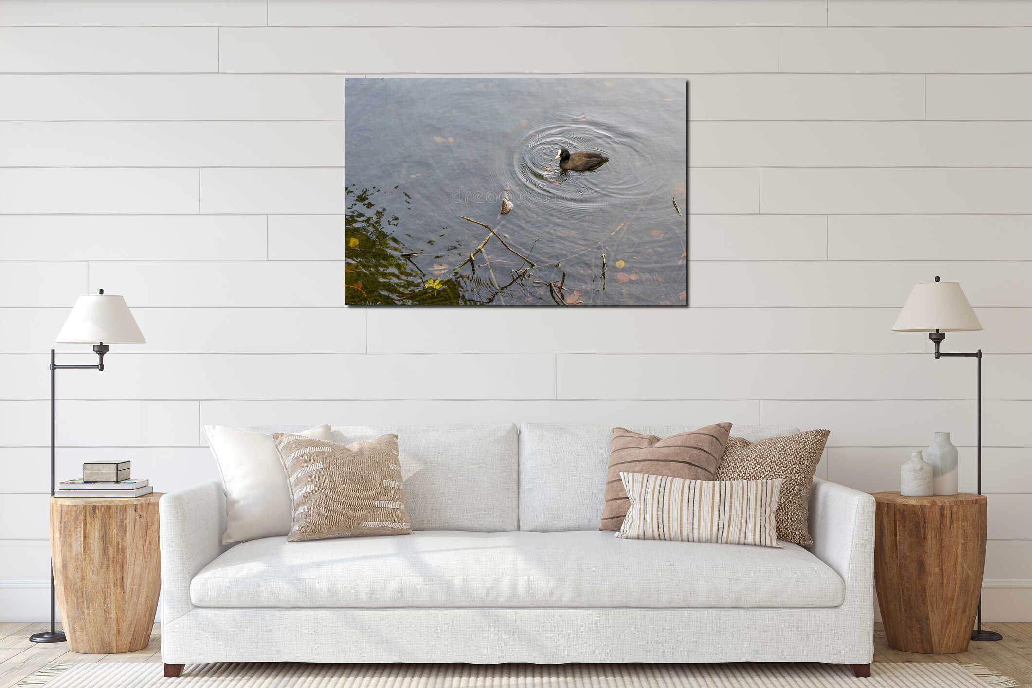 Tranquil moment with mother bird and curious duckling on water surface interior mockup