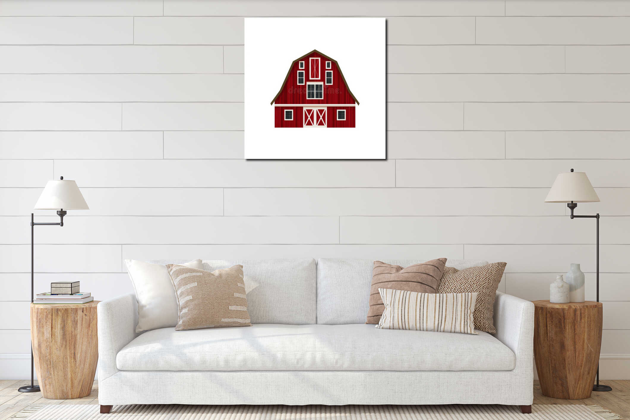 The picture shows a classic red barn that has white trim and double doors, all on a white background interior mockup