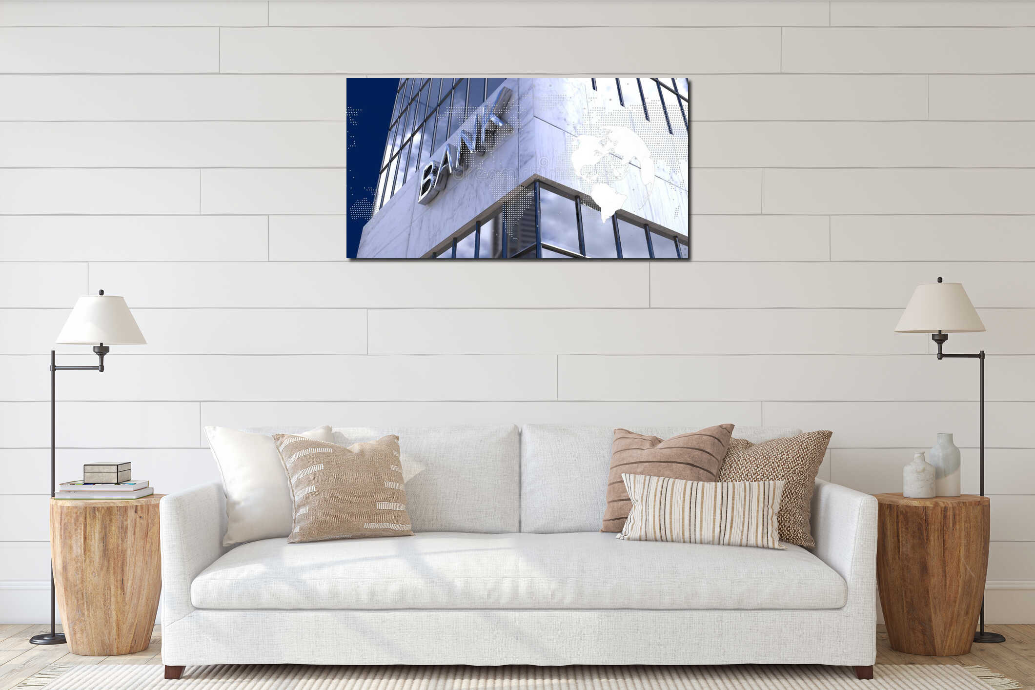 Featuring modern bank from low-angle street view, showing BANK sign, marble facade, globe overlay interior mockup