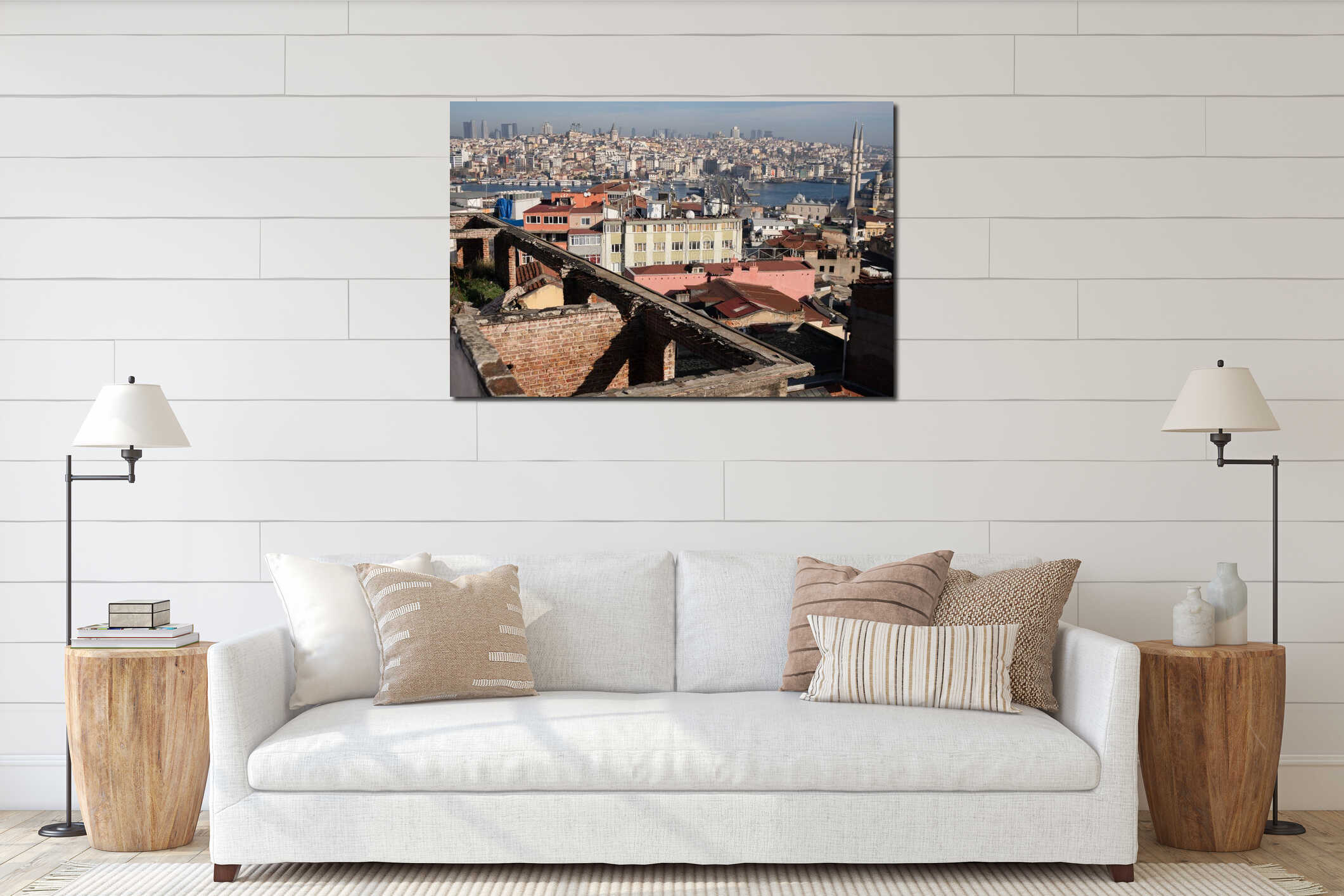 Istanbul Skyline Panoramic View Cityscape: Rooftop perspective showcasing historical buildings and Bosphorus. interior mockup