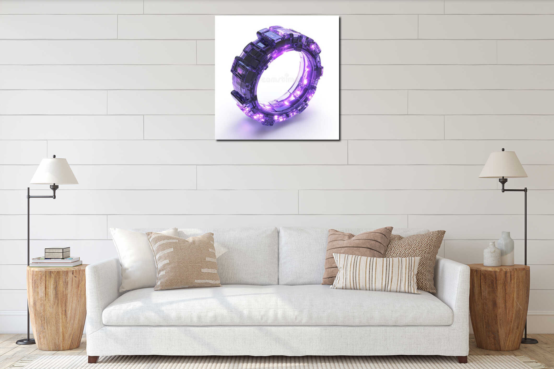 This futuristic purple neon ring features glowing lights, perfect for sci-fi themes, digital art, and modern designs. This ring is interior mockup