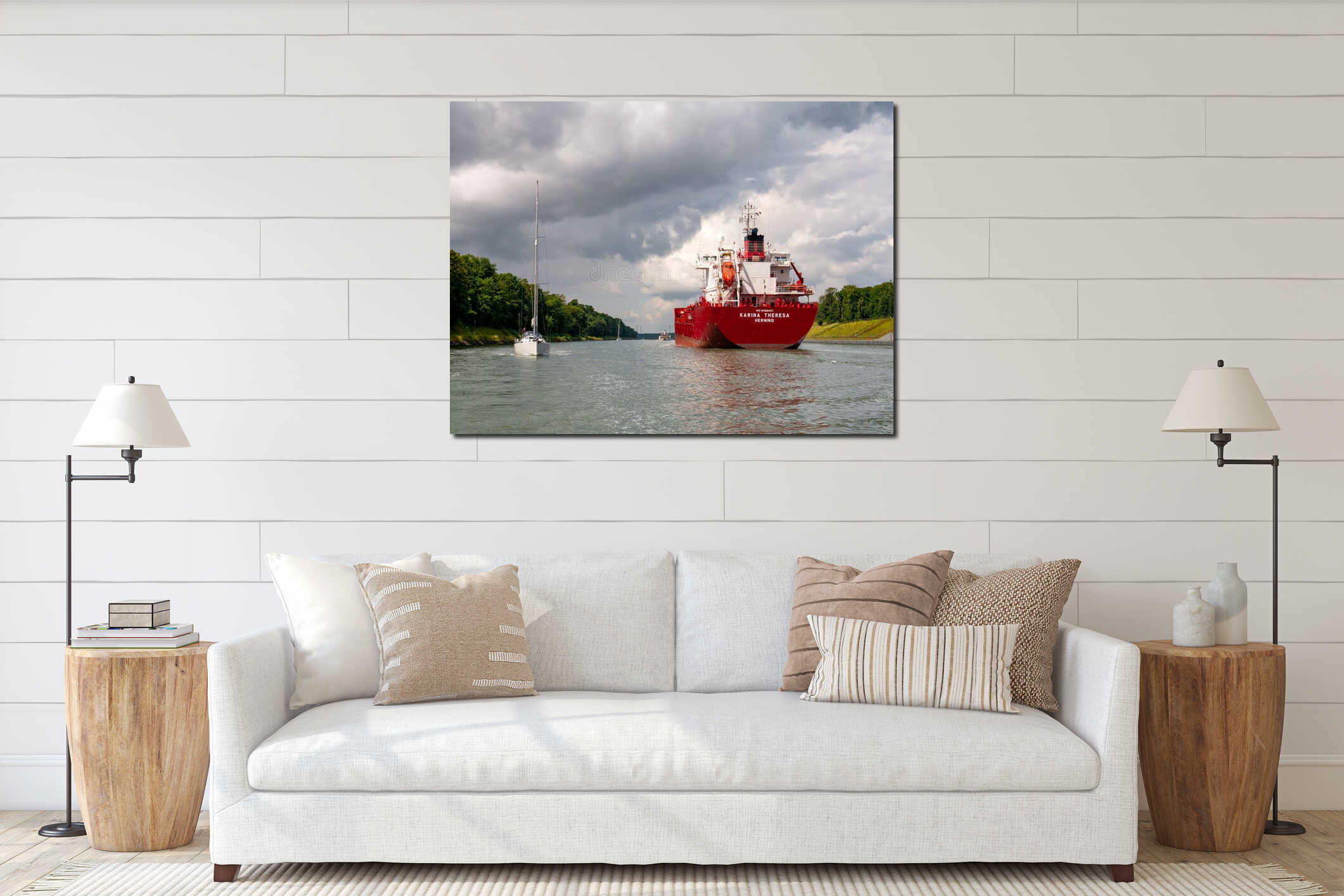 Oil and chemical tanker Karina Theresa and sailboats on Kiel Canal, Nord-Ostsee-Kanal, in Schleswig-Holstein, Germany interior mockup