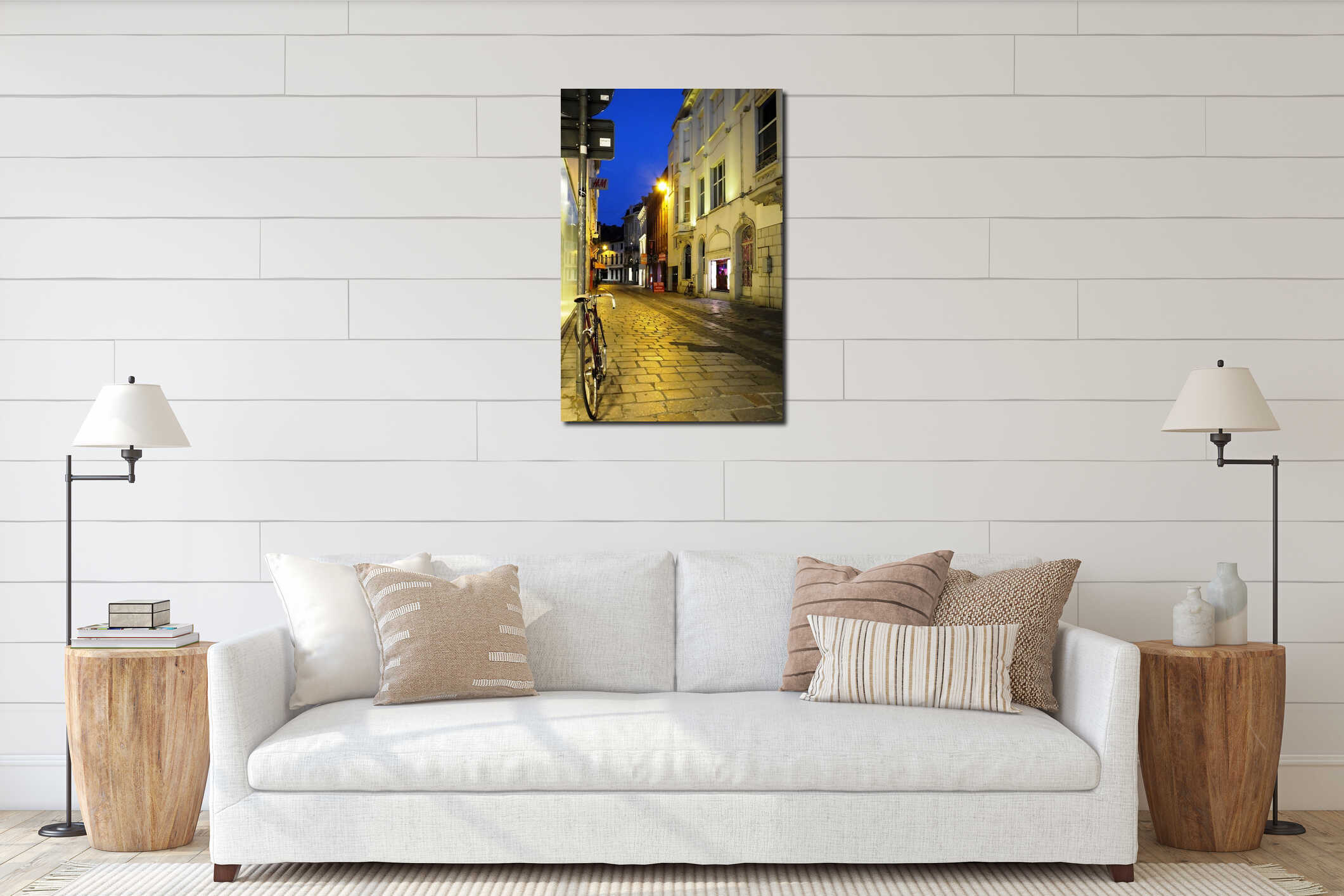 A quiet night-time street in Ghent, East Flanders, Belgium interior mockup