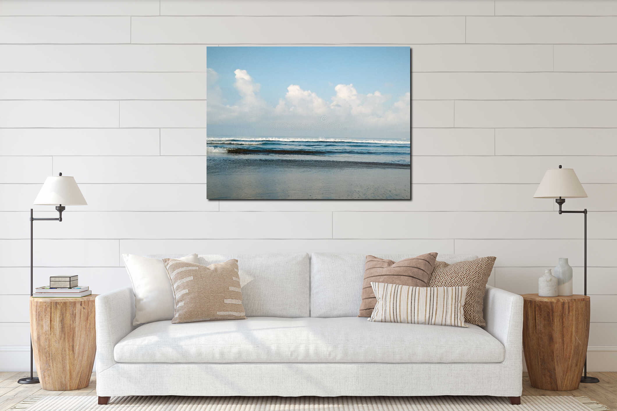 Calm ocean waves under a bright sky, capturing a serene beach landscape ideal for coastal and nature themes. interior mockup