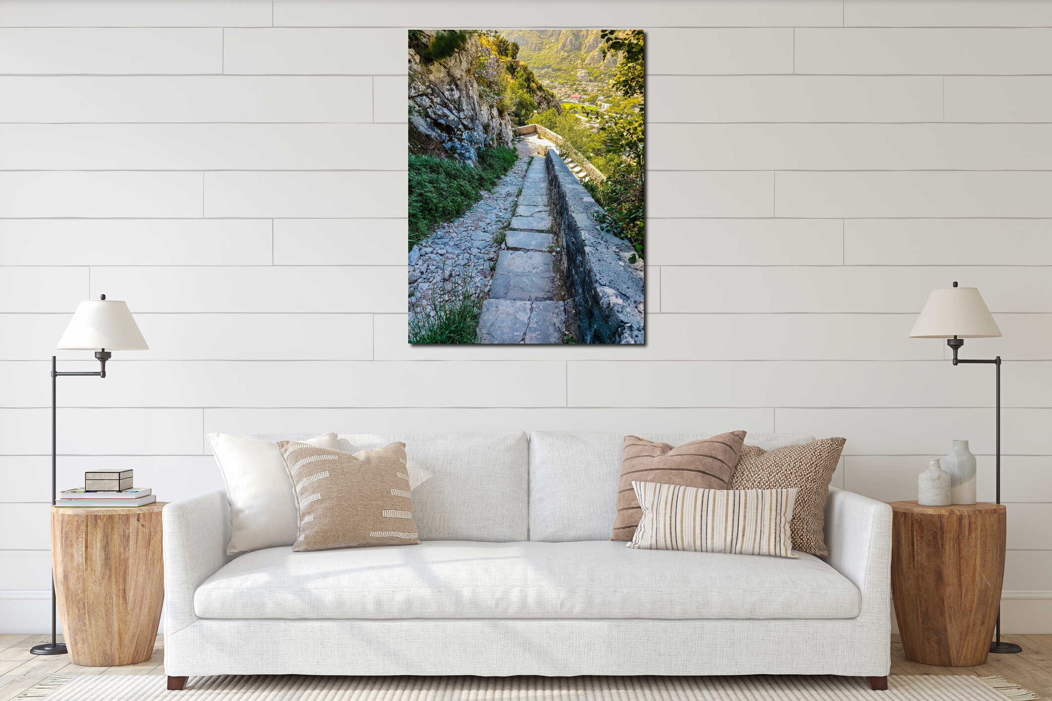 Steep stone path leading down the historic Kotor Fortress trail in Montenegro. interior mockup