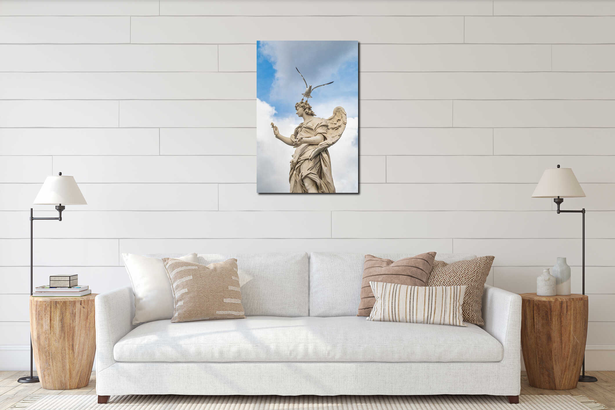 Angel statue with seagull on Ponte Sant'Angelo interior mockup