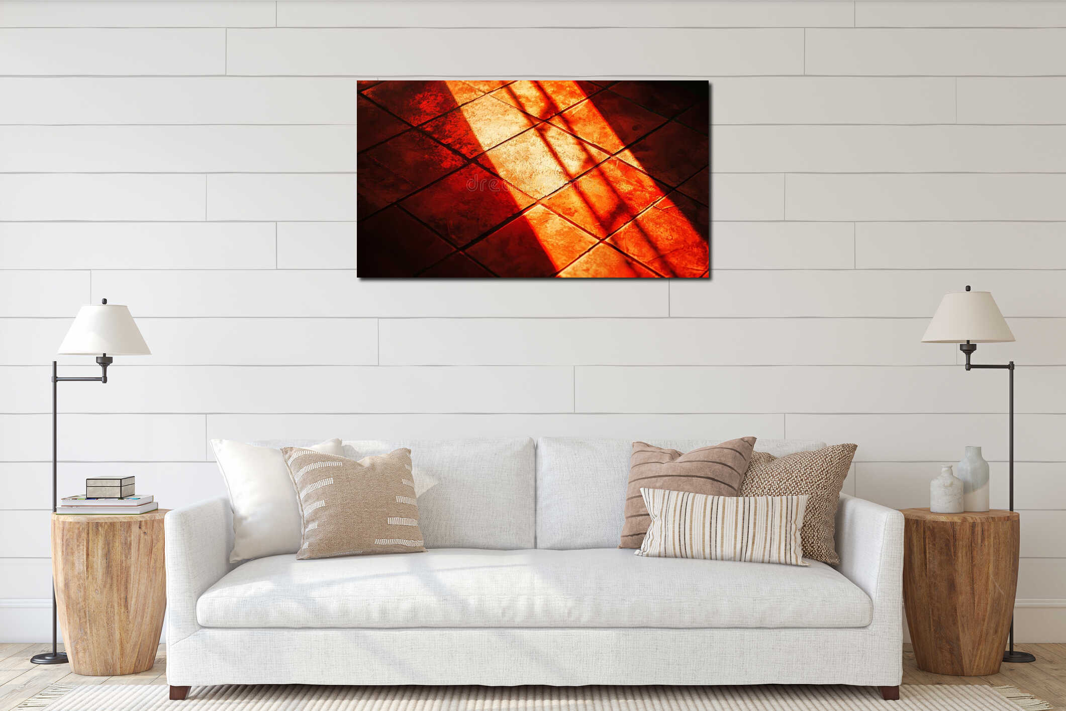 An illuminated red glass floor in a dark hallway creates a mysterious and futuristic atmosphere. interior mockup