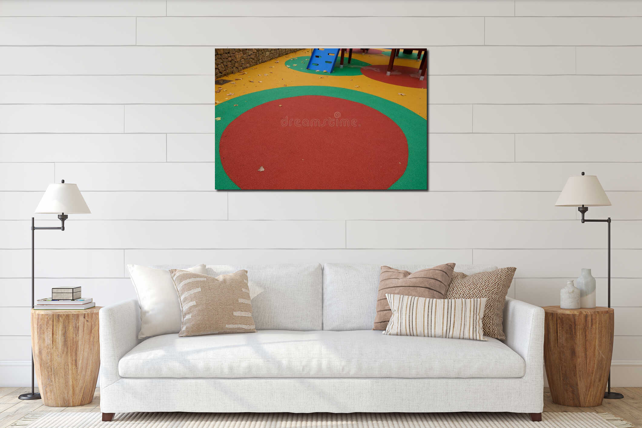 Colorful Playground Floor With Red Circle Green Ring And Blue Play Equipment interior mockup