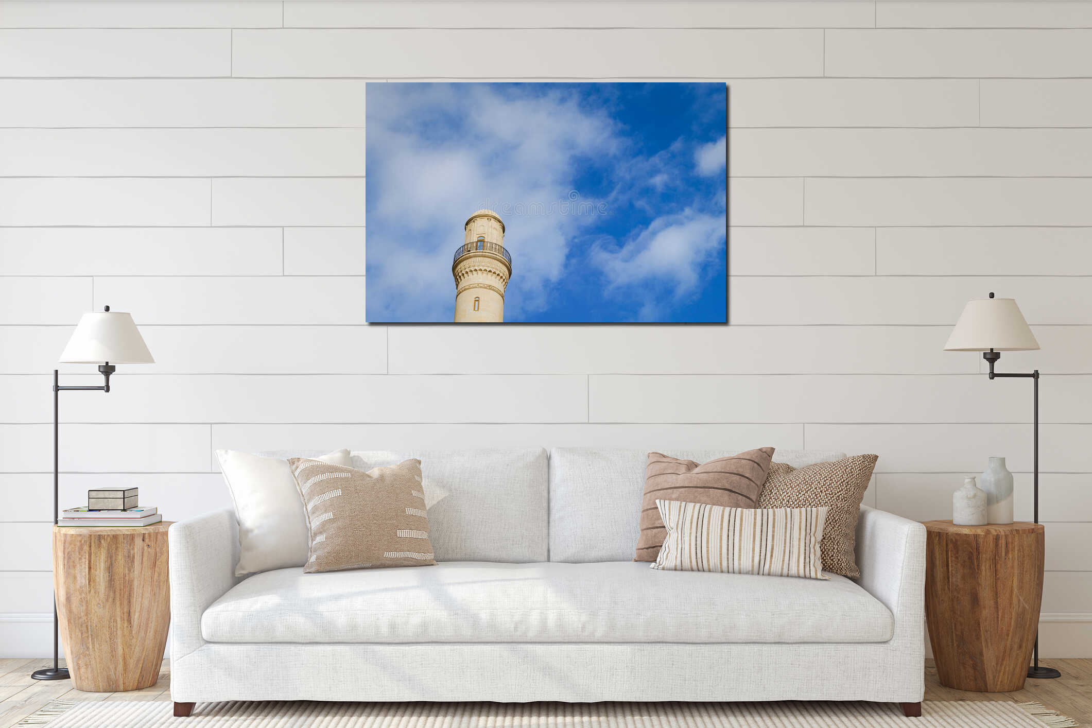 Mosque minaret against blue sky background. Islamic mosque minaret architecture detail interior mockup