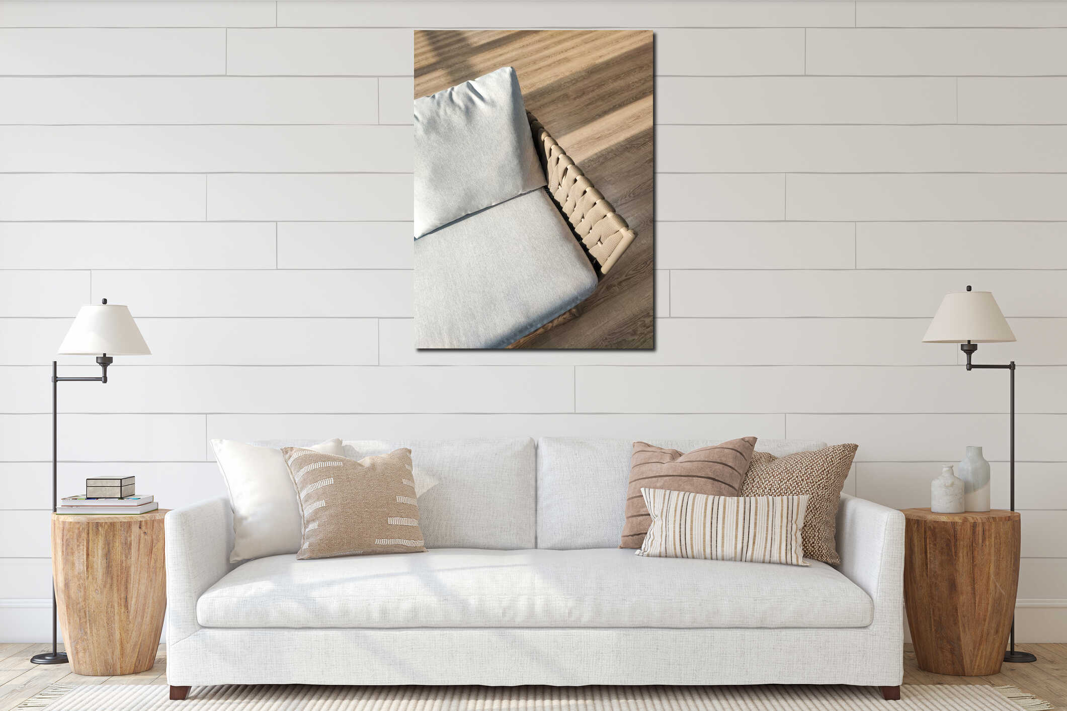 Modern lounge chair with grey cushions on wooden floor under sunlight for home decor interior mockup