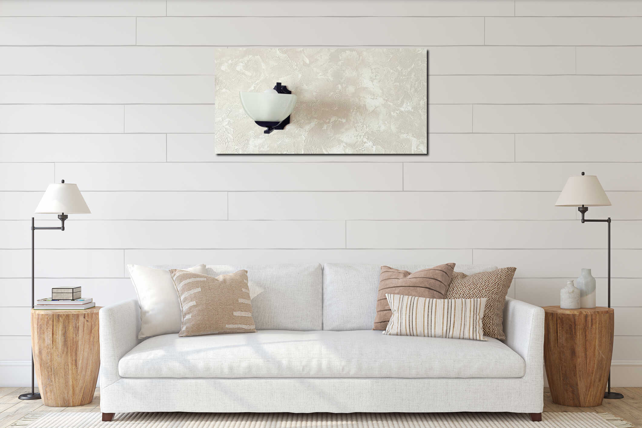 Lamp in apartment. Sconce lamp on a white wall in the room at home as background interior mockup