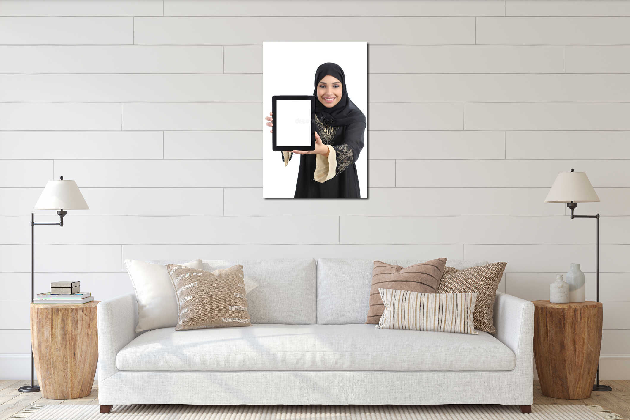 Arab saudi emirates happy woman showing an app in a tablet screen interior mockup