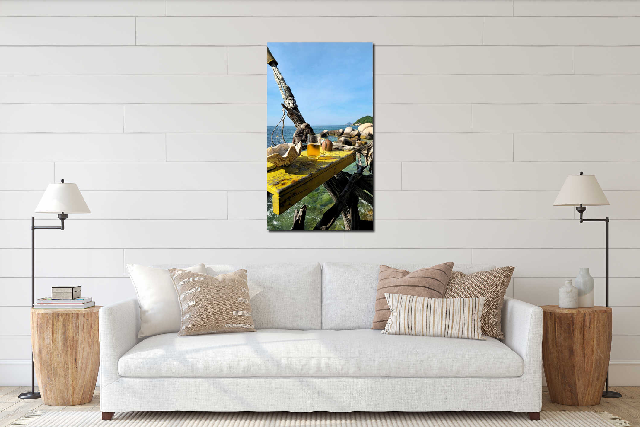 Tropical beach bar with beer glass and clam shell overlooking the ocean, Ko Tao Island, Surat Thani, Thailand, Southeast Asia interior mockup