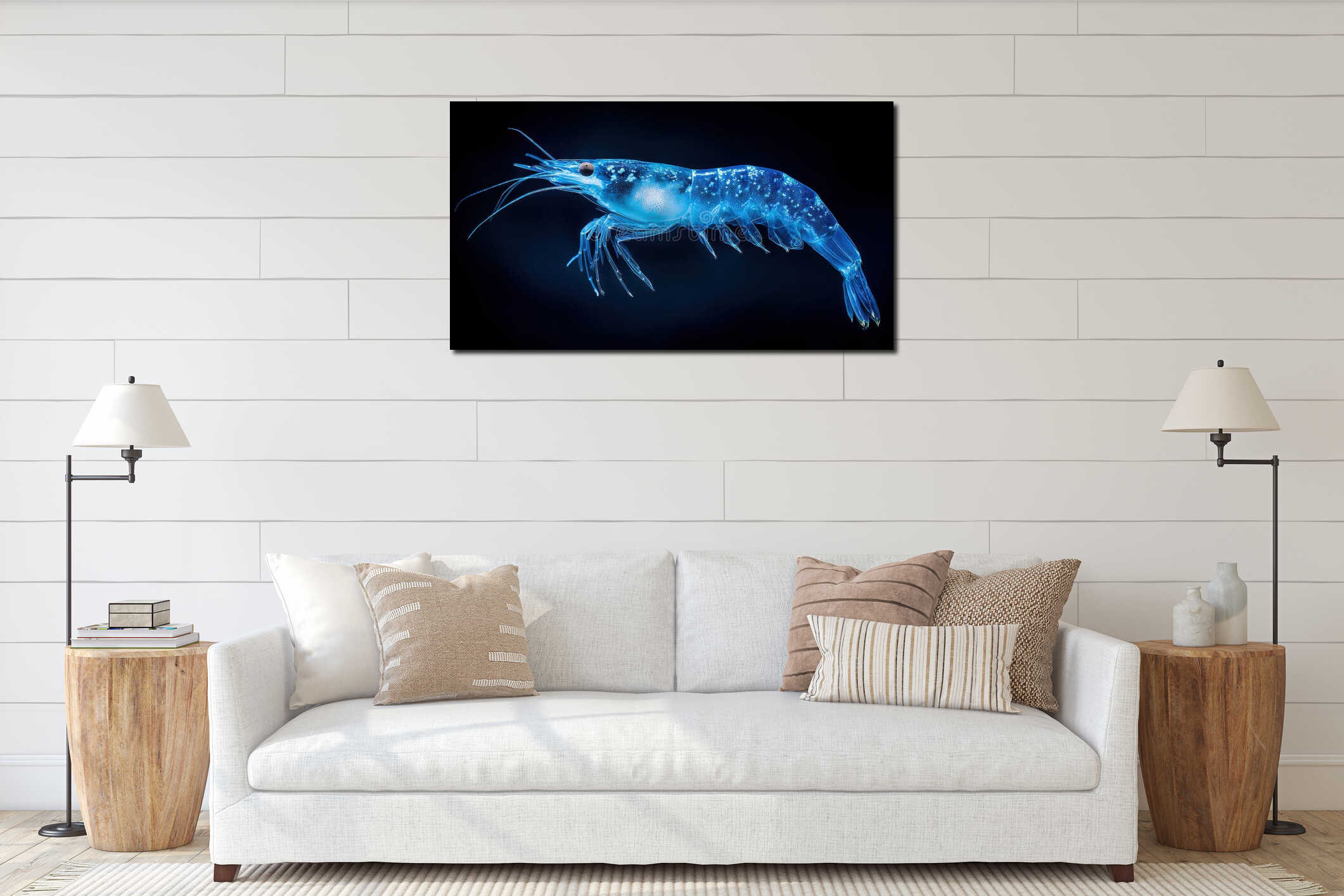 Transparent bioluminescent shrimp glowing blue in the deep sea, close-up of futuristic marine life interior mockup