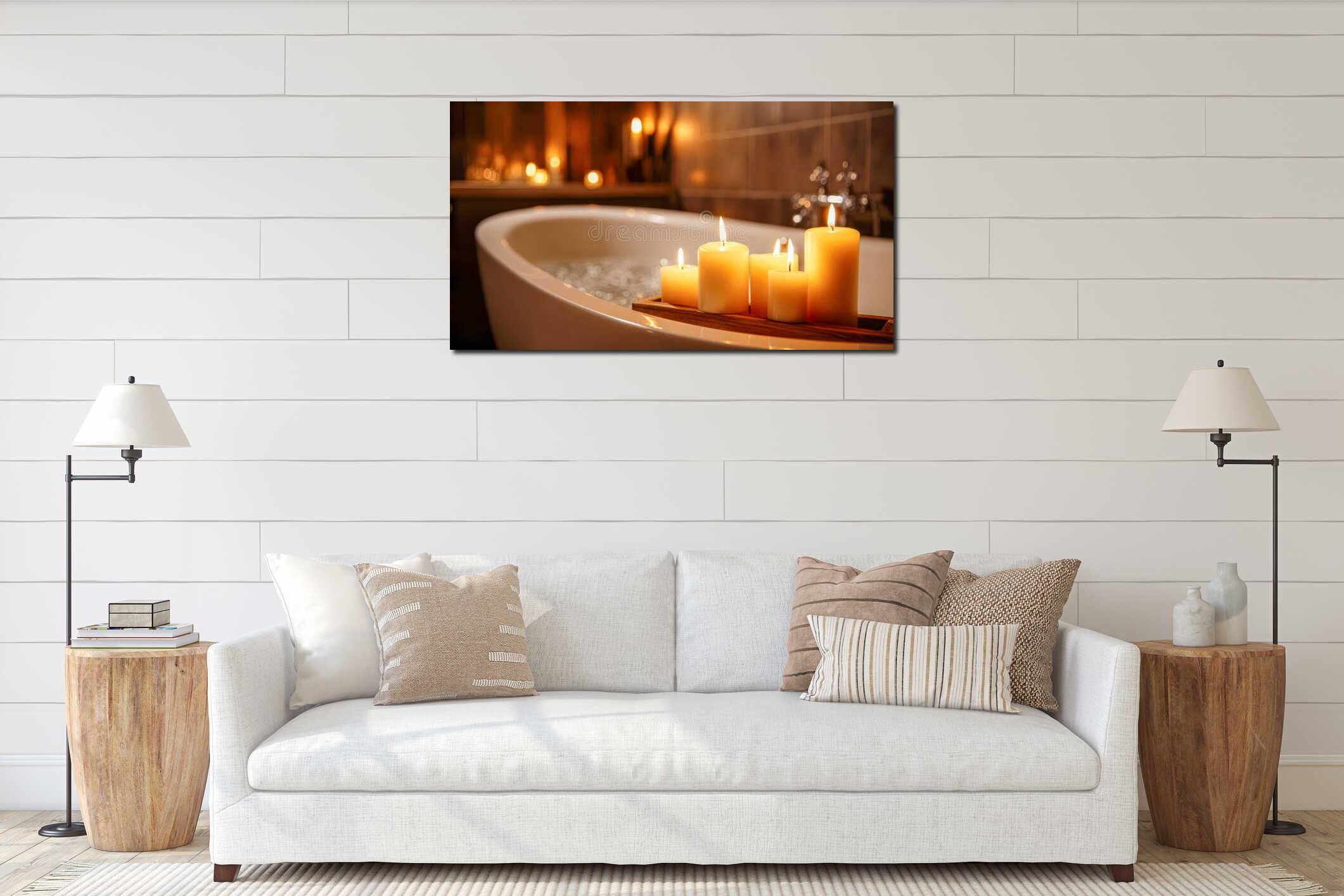 Romantic candlelight by a freestanding bathtub, a cozy home spa interior with a warm, radiant atmosphere interior mockup